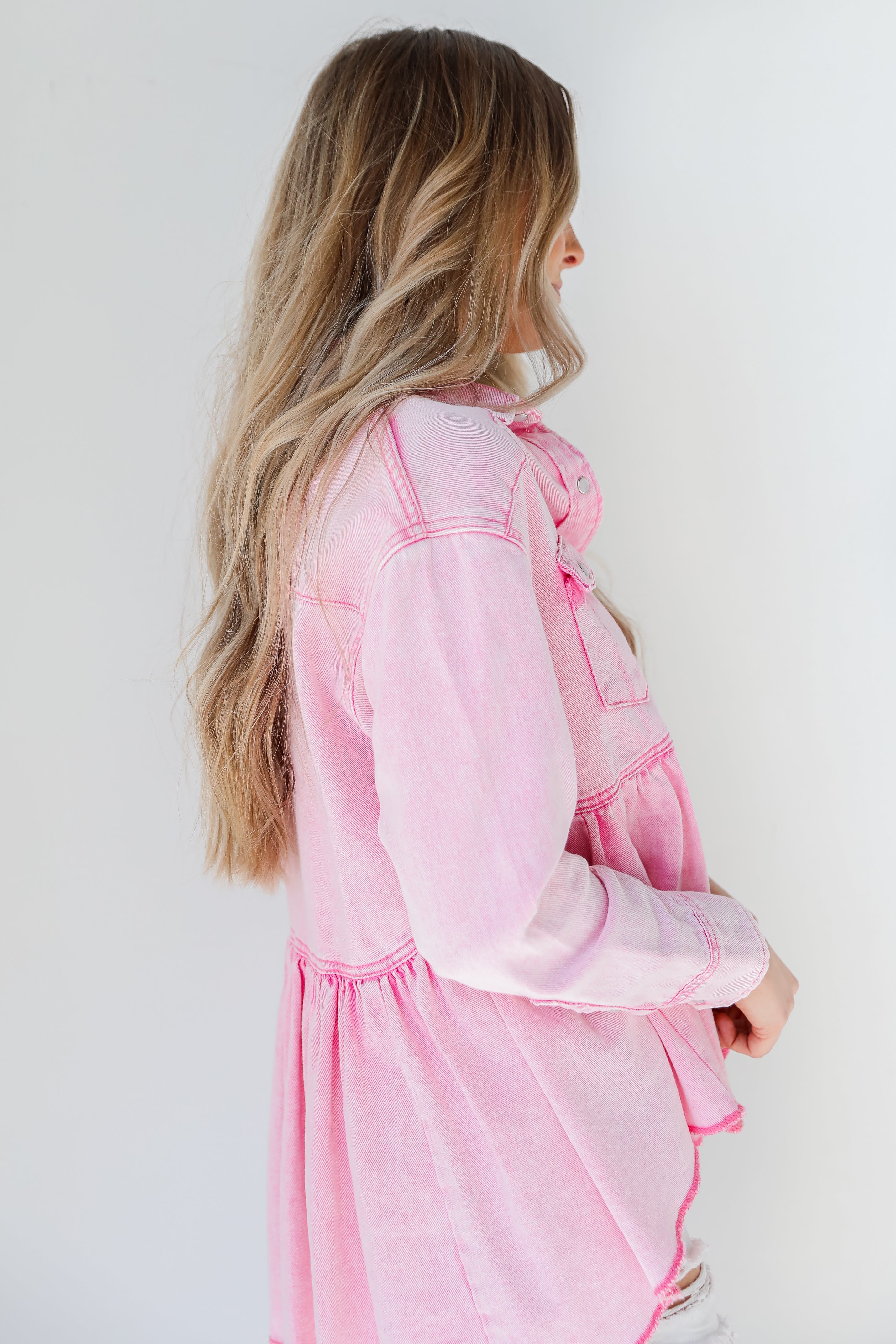 Peplum Denim Jacket in pink side view