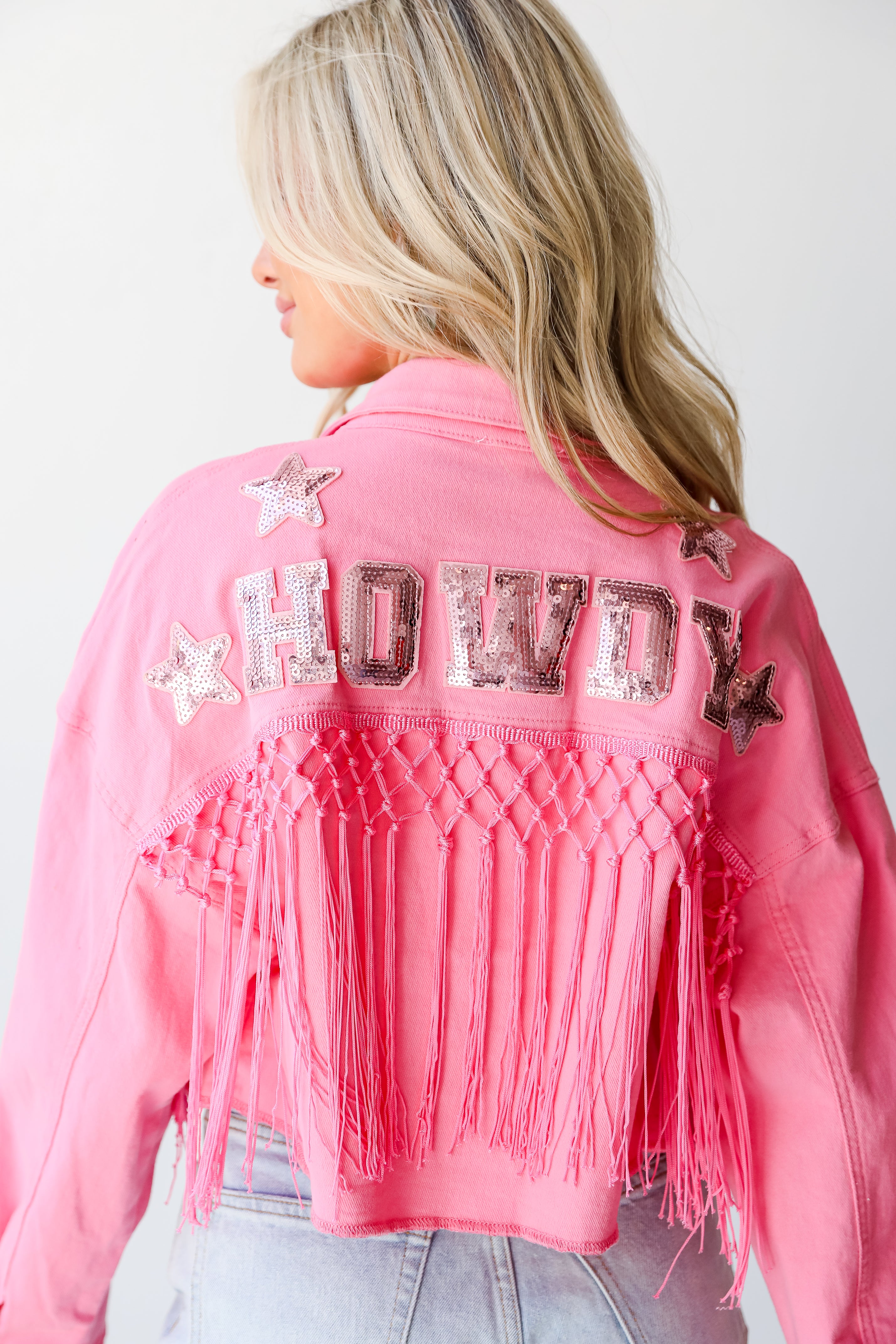 Howdy Sequin Fringe Cropped Denim Jacket back view
