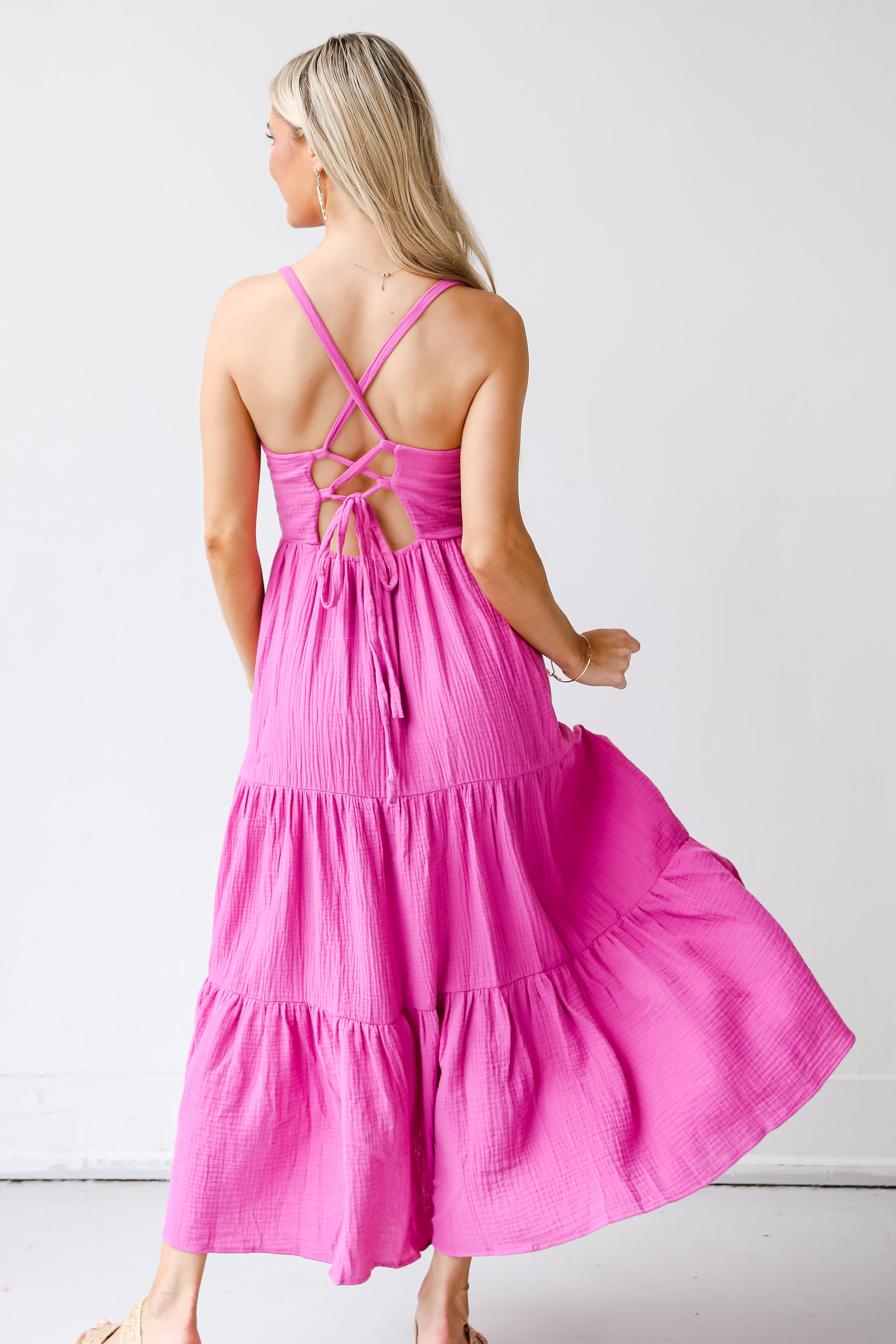 pink Linen Tiered Maxi Dress back view