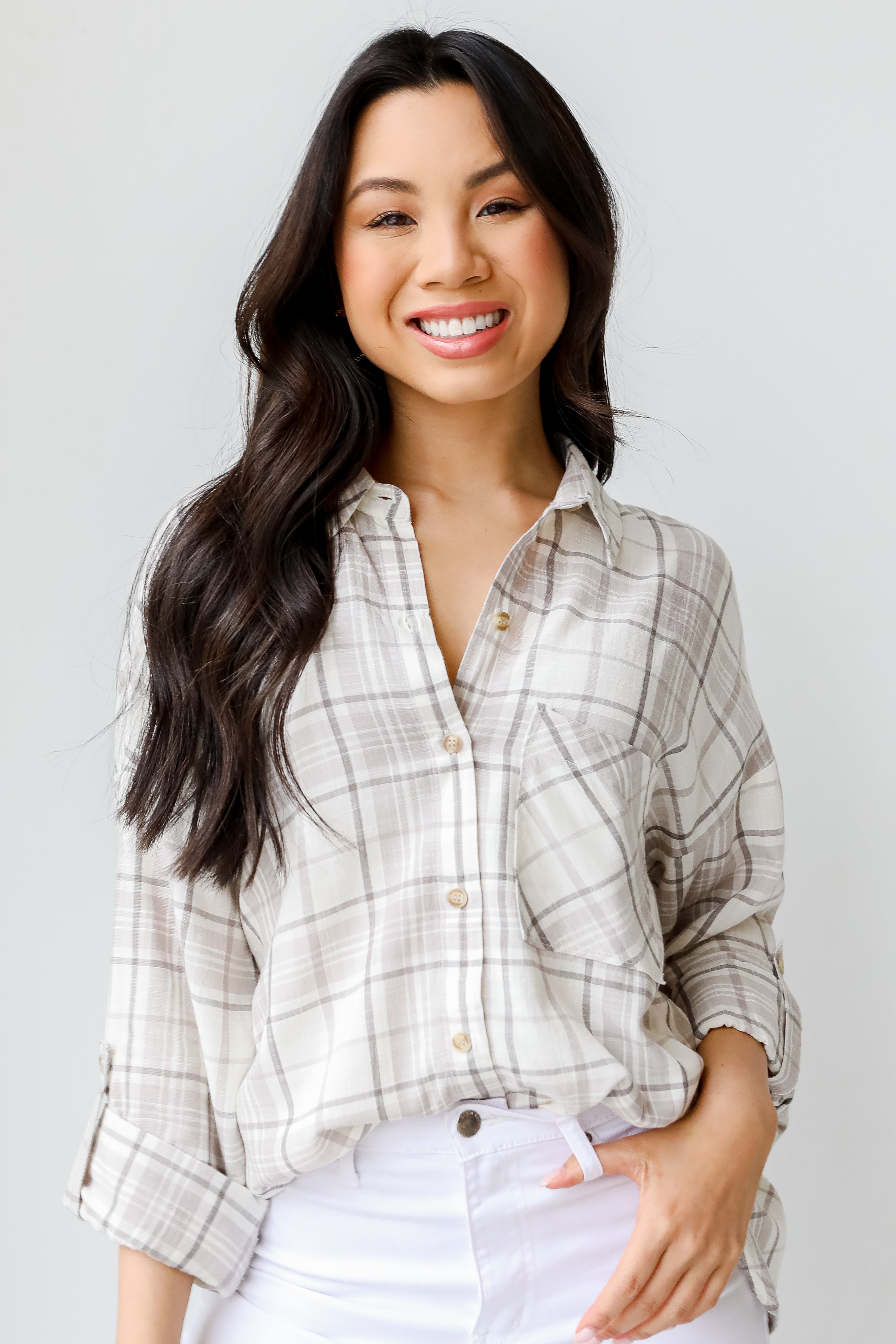 Plaid Button-Up Blouse close up