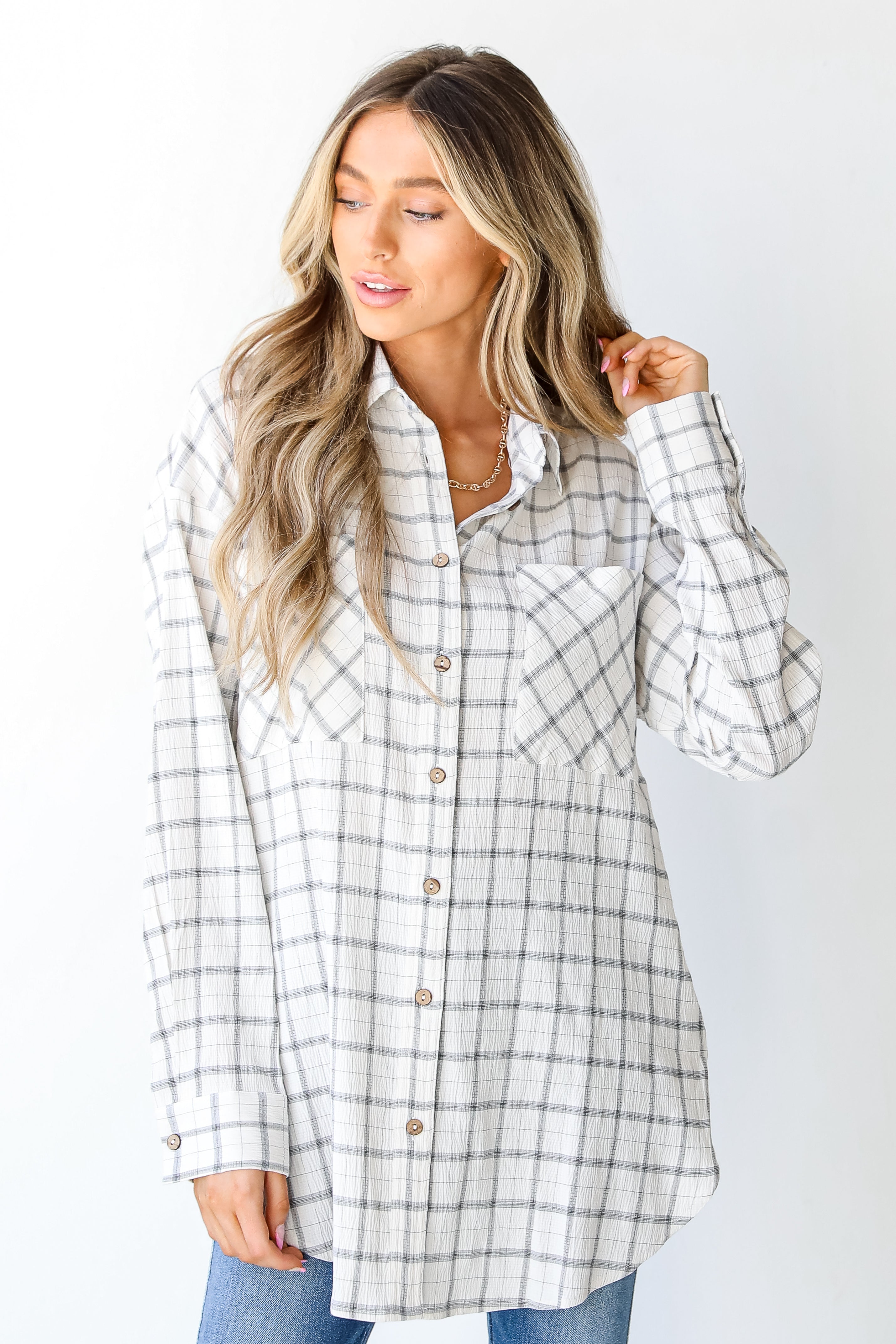 Plaid Button-Up Blouse front view