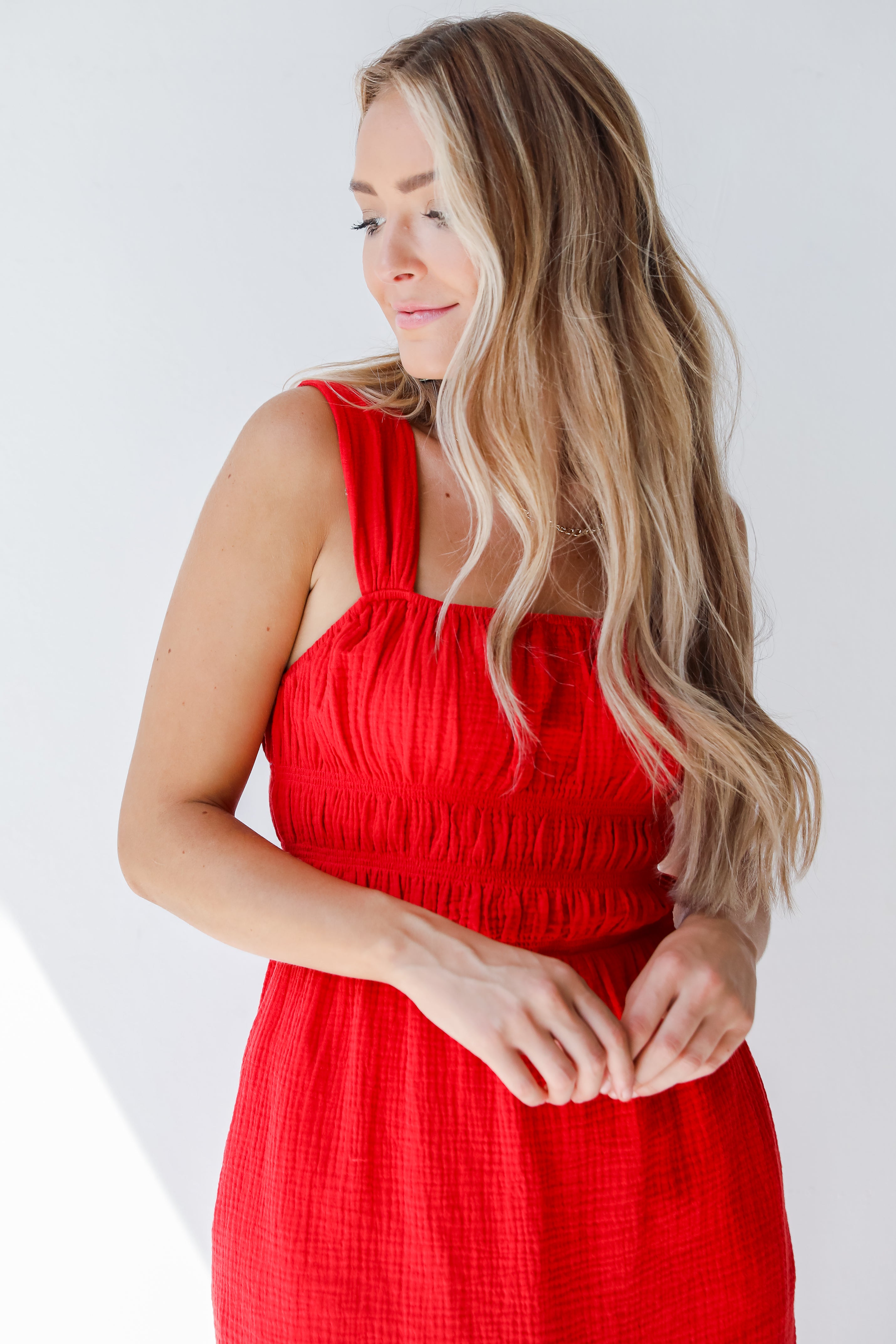 red midi dress front view
