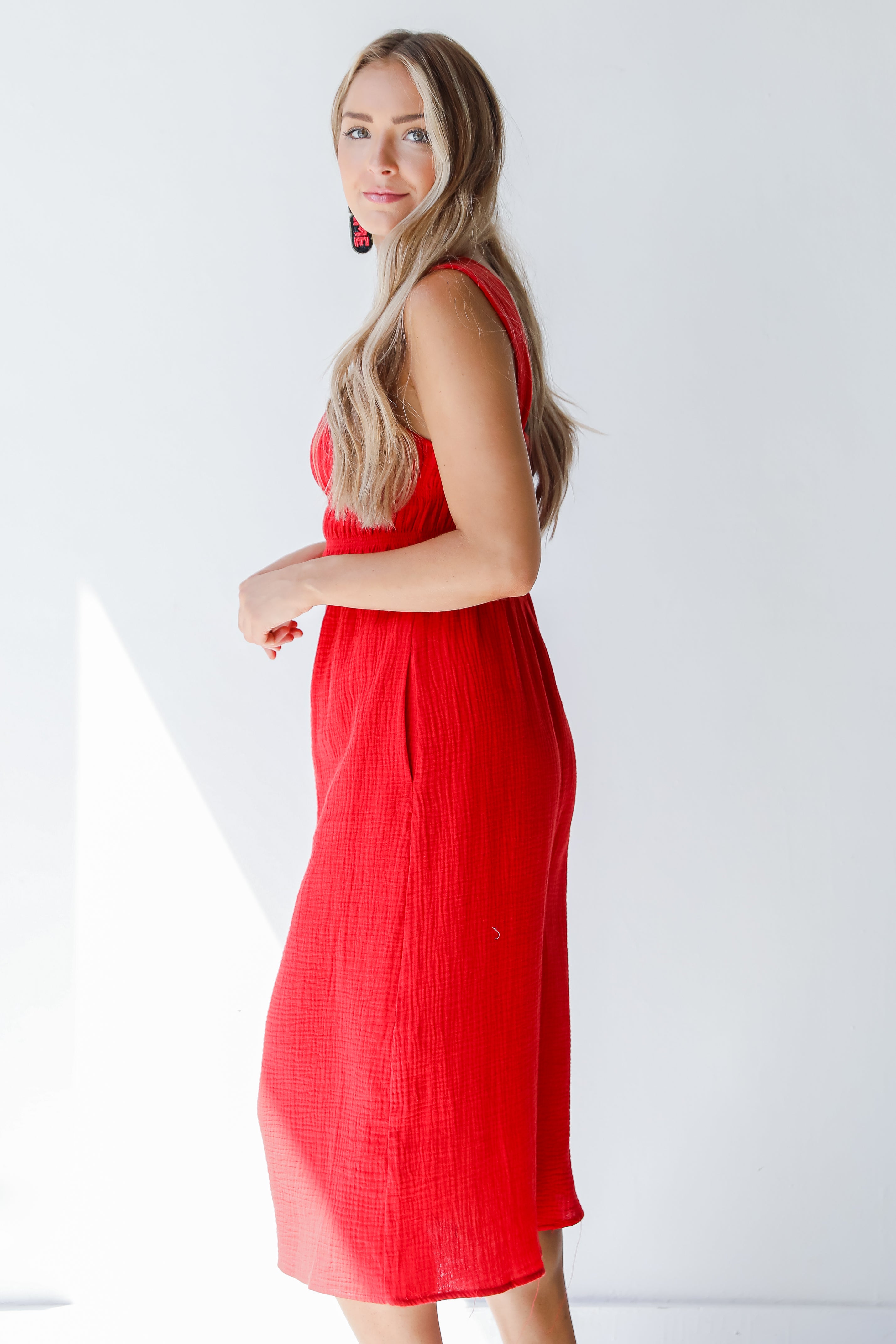 red midi dress side view