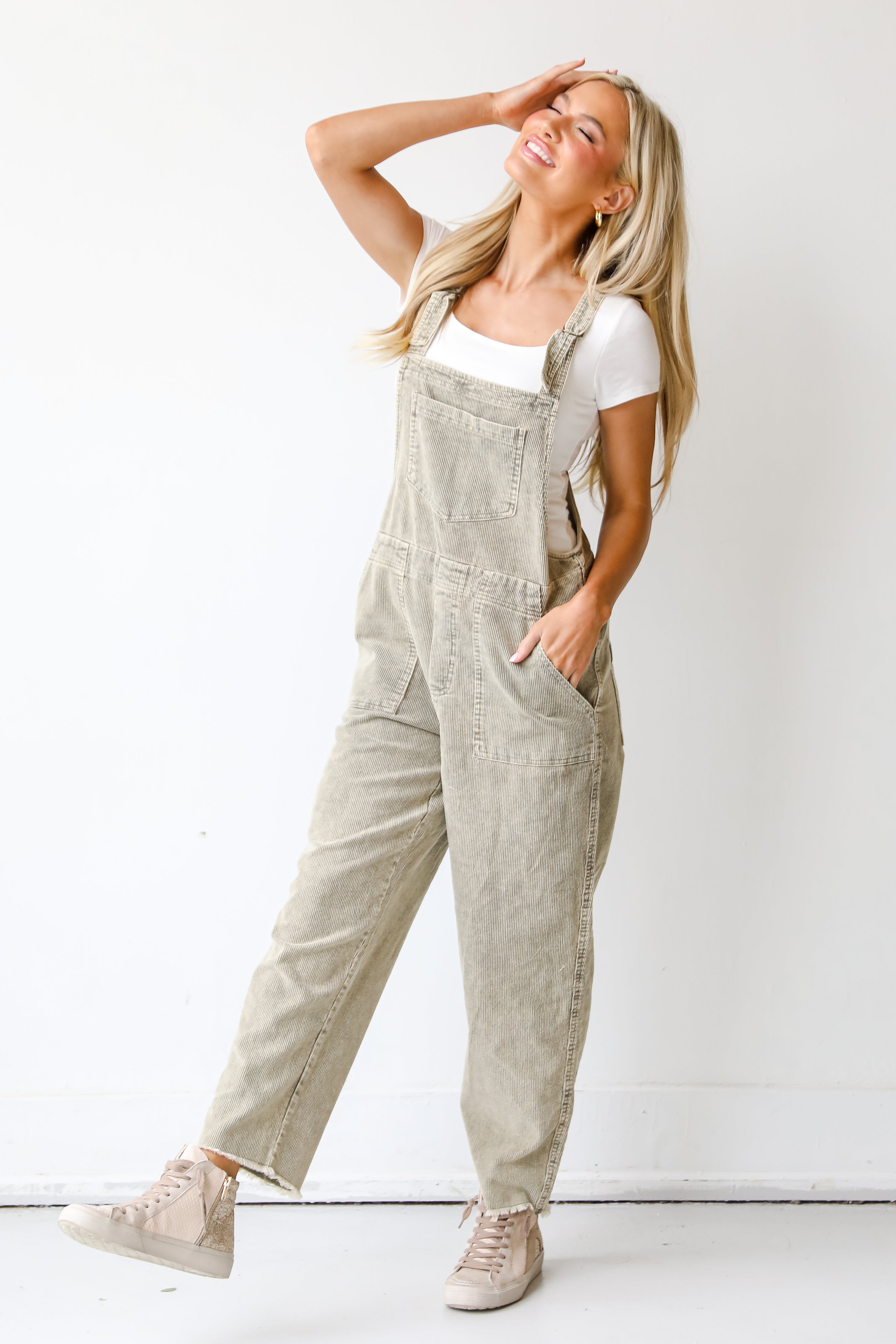 green Corduroy Overalls front view