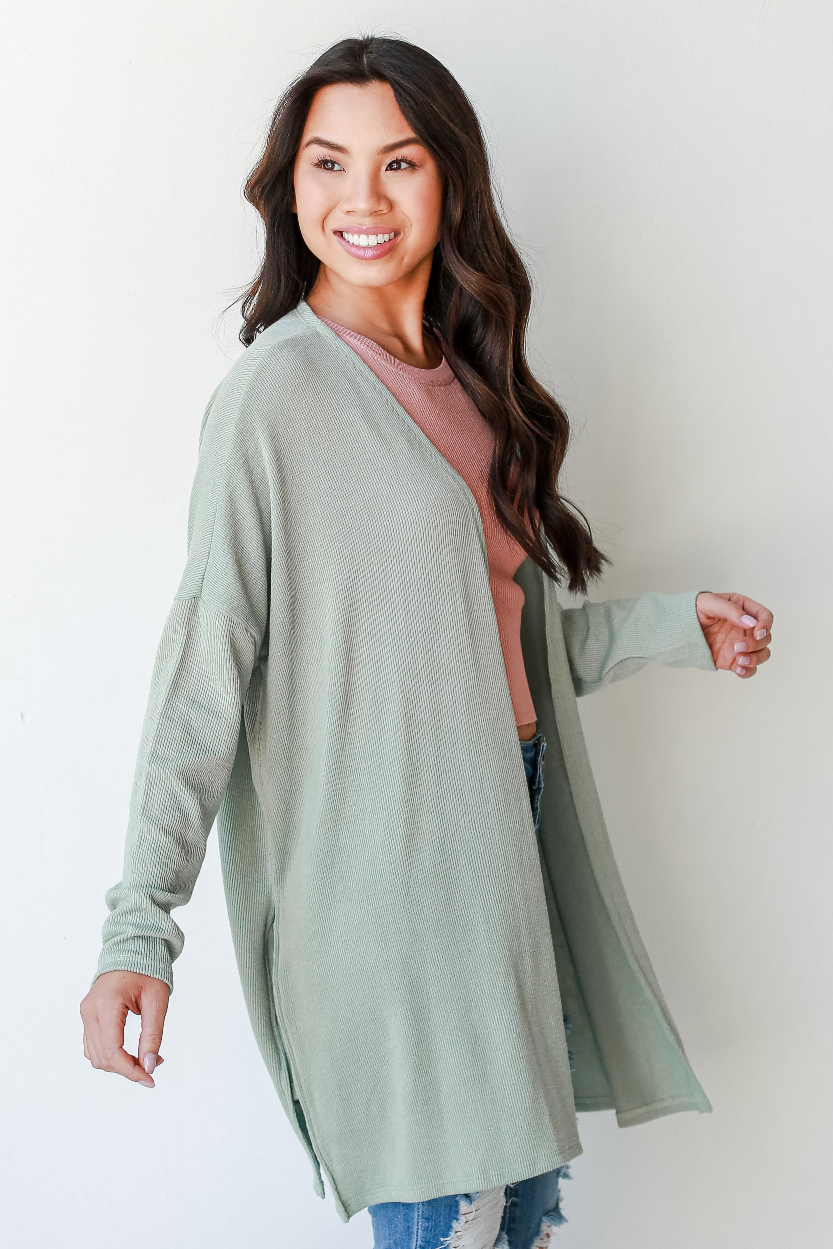 Ribbed Cardigan in sage side view