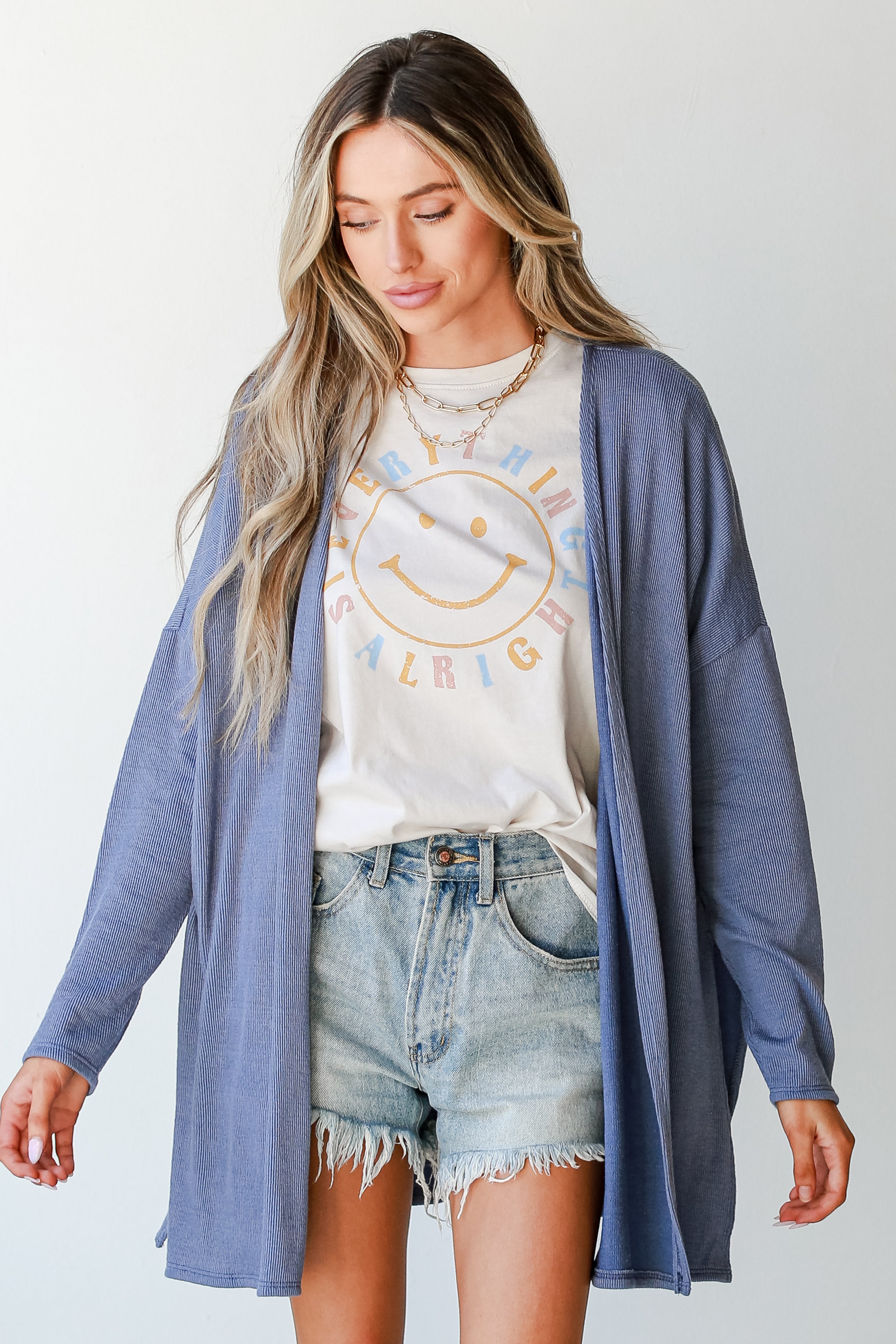 Ribbed Cardigan in denim front view