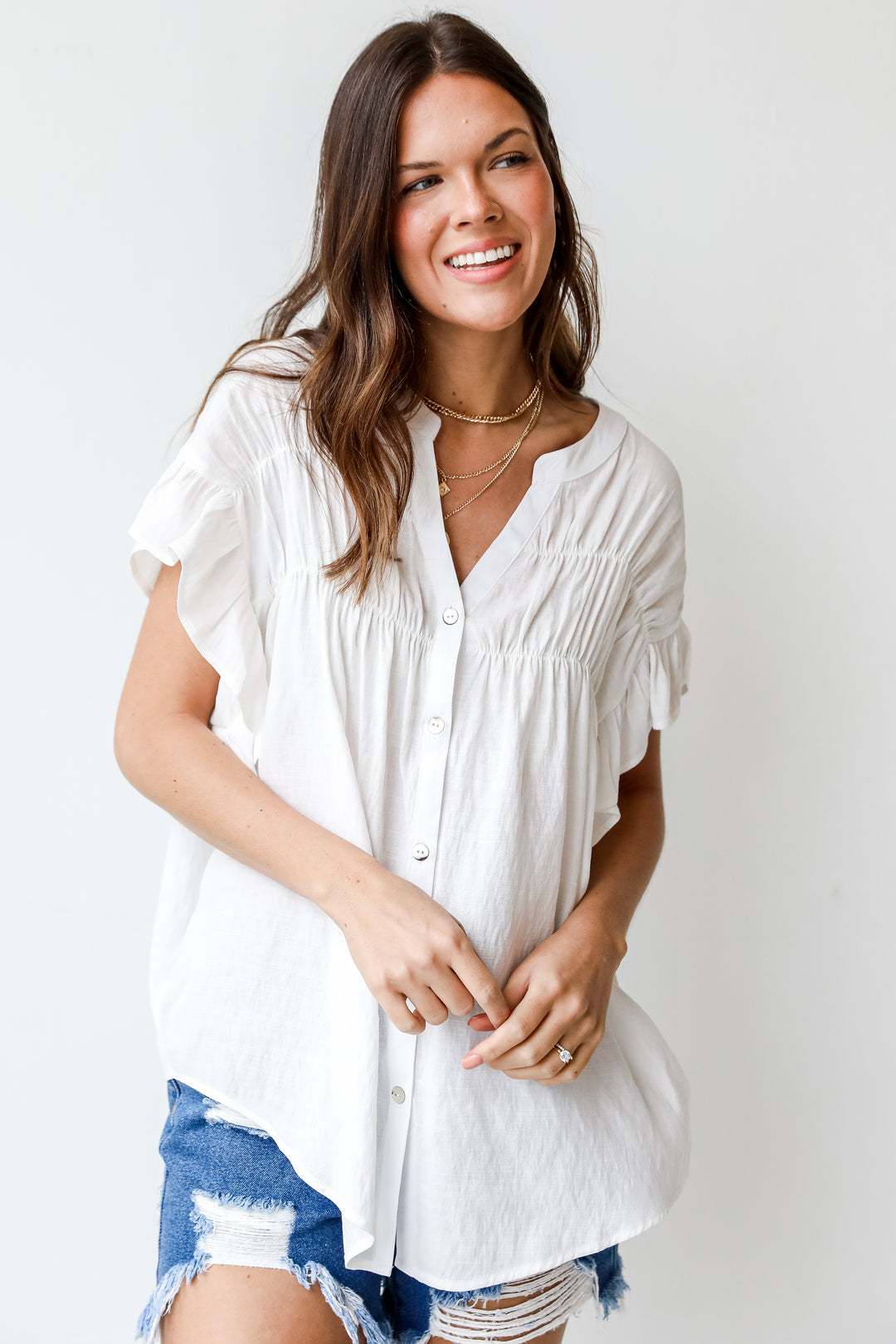 Ruffle Blouse in white front view