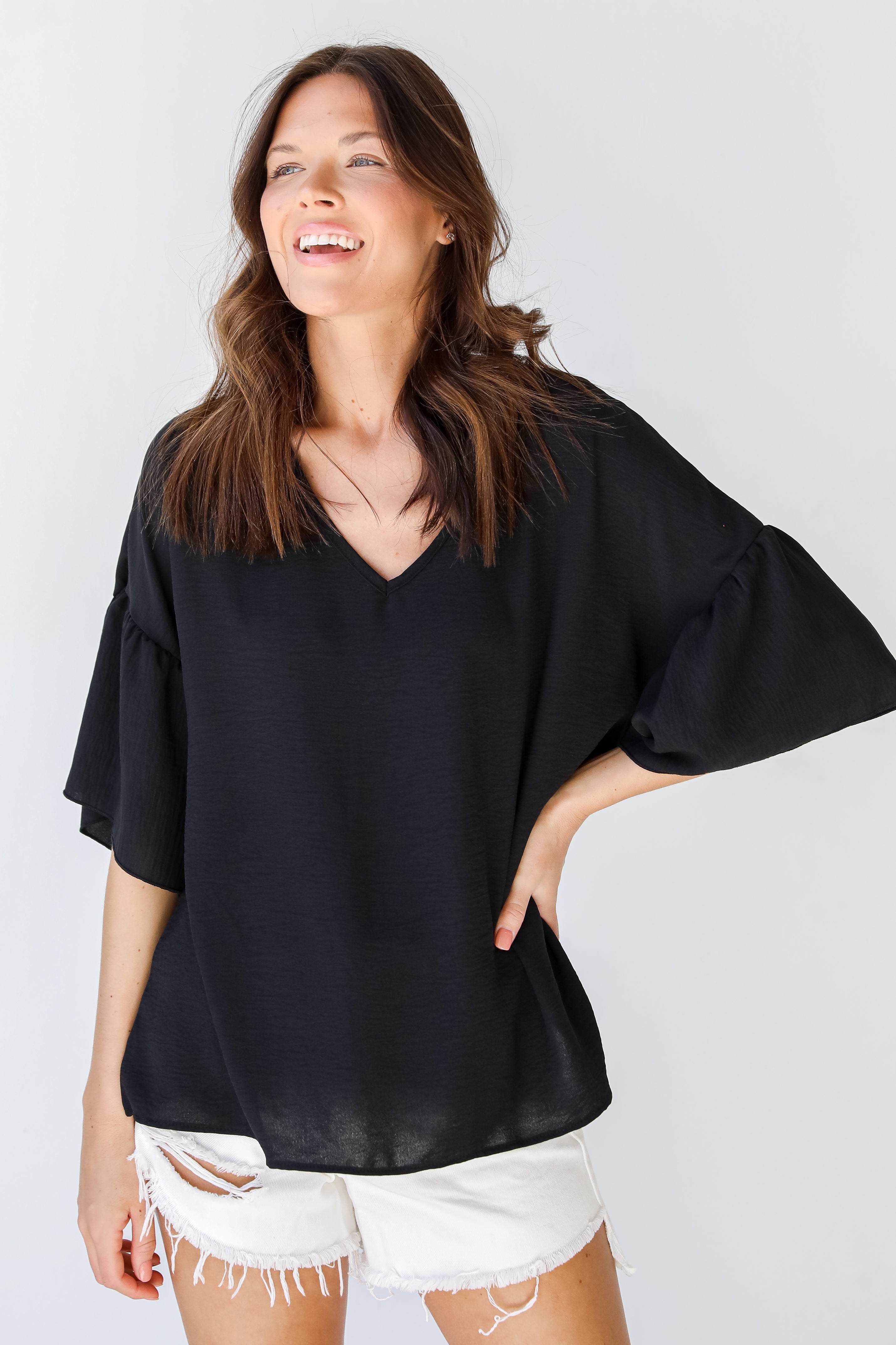 Ruffle Sleeve Blouse in black