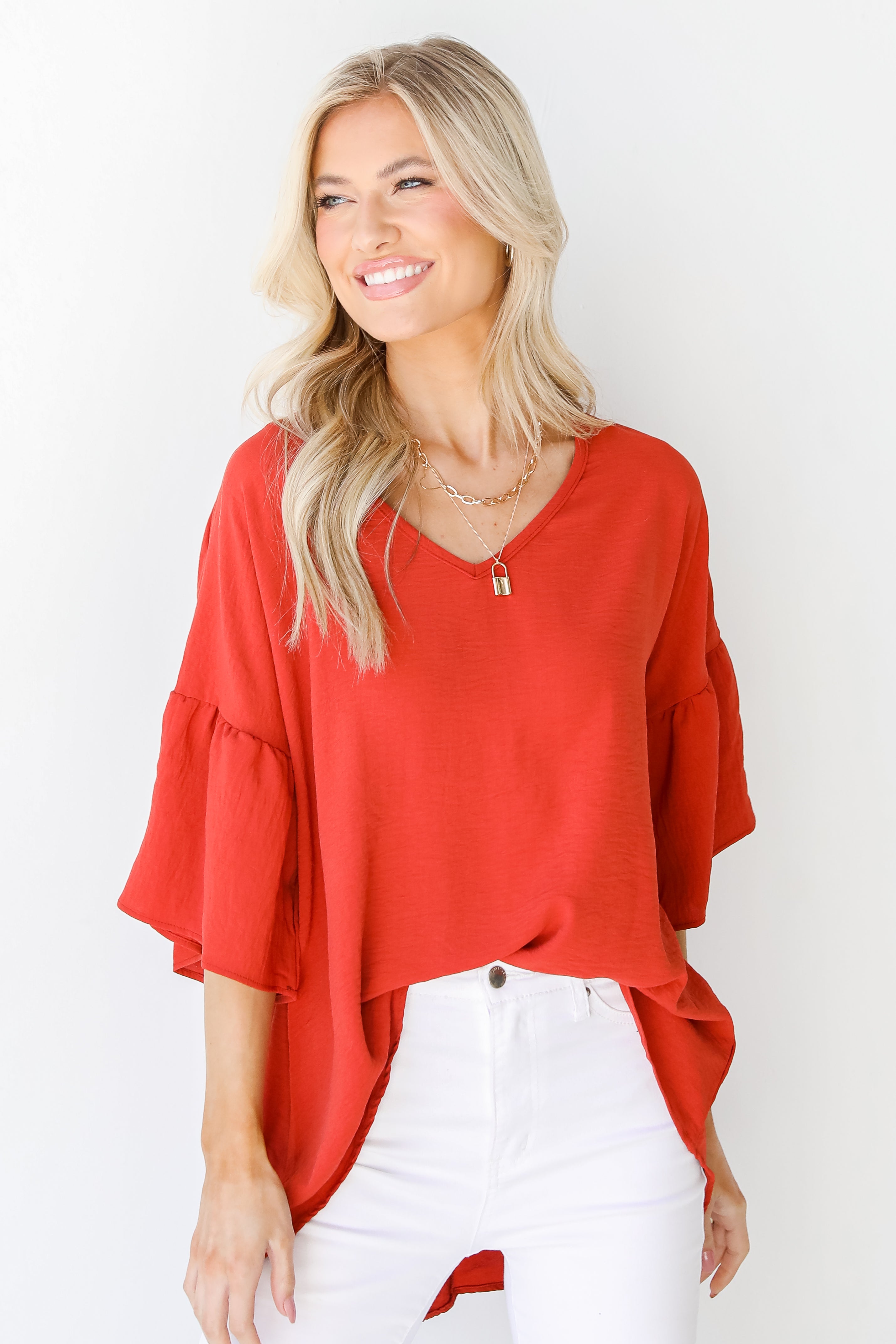 Ruffle Sleeve Blouse in brick