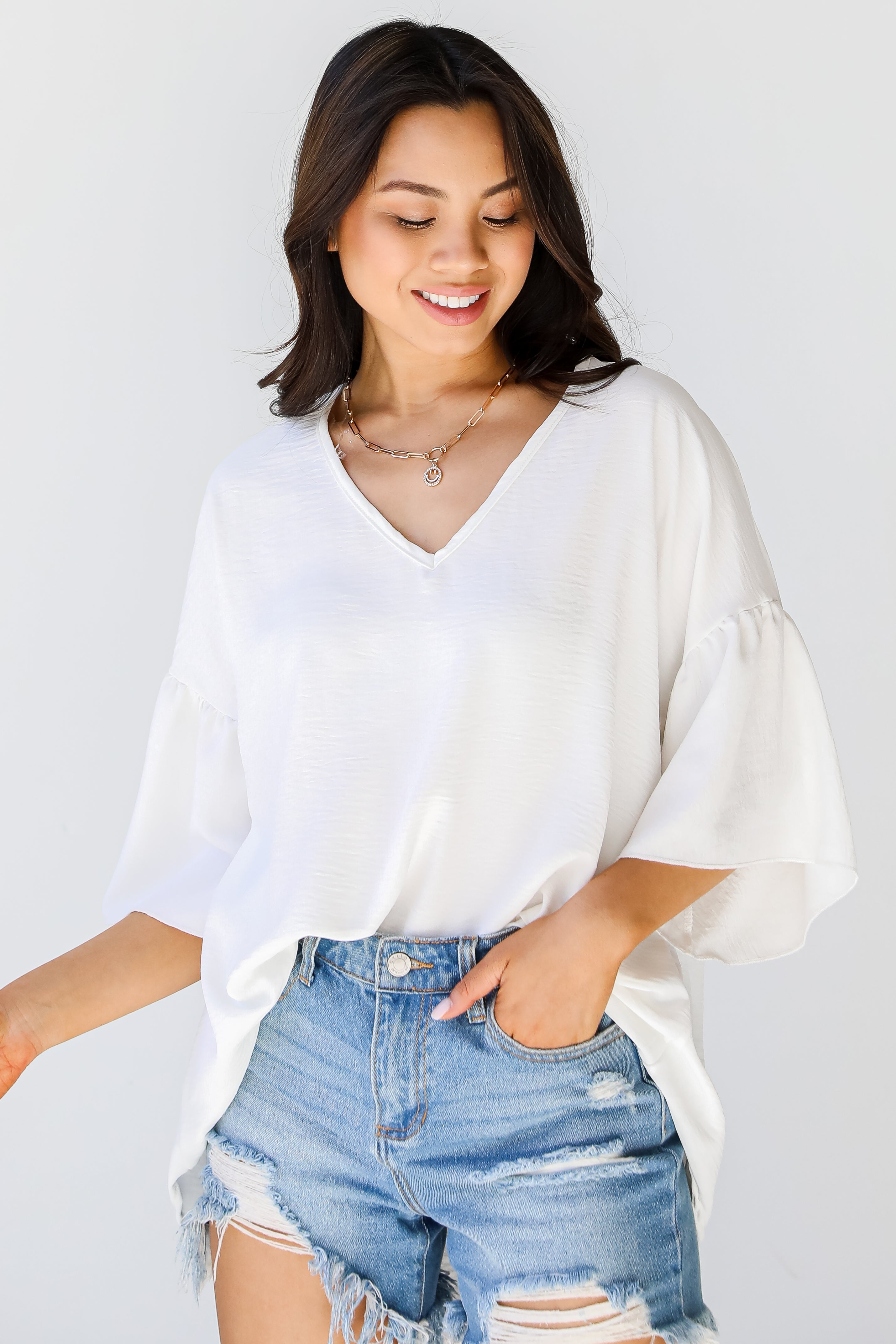 Ruffle Sleeve Blouse in ivory front view