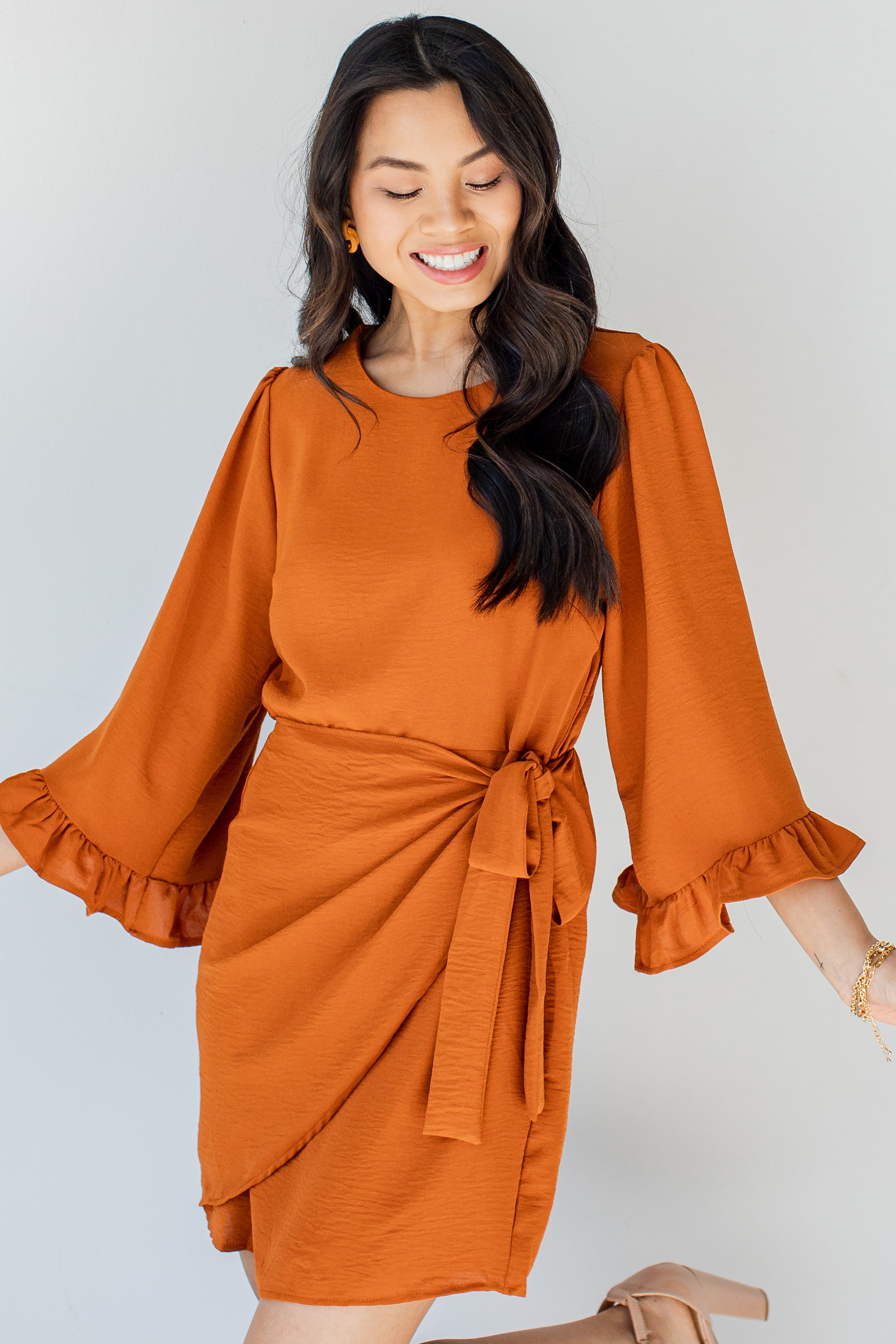 Wrap Dress in rust front view