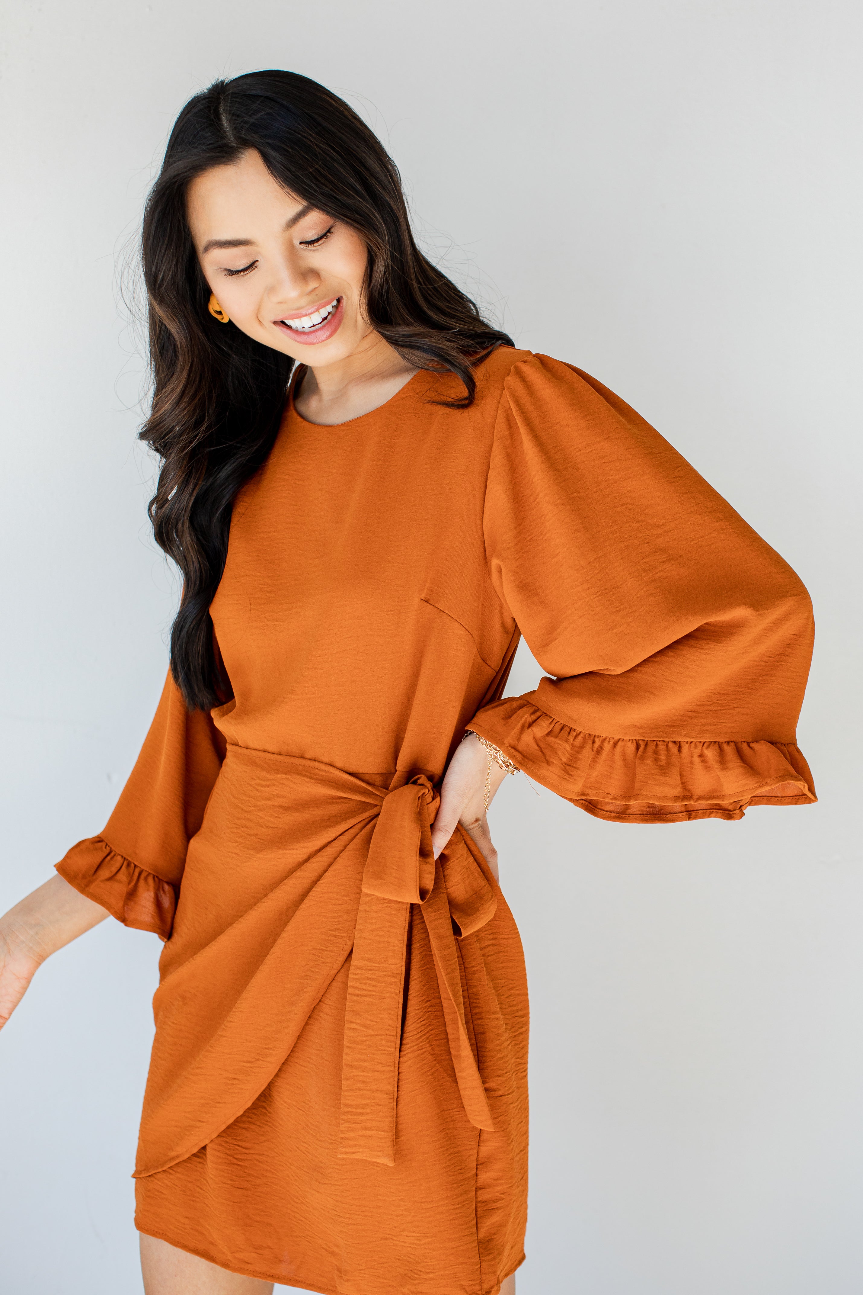 Wrap Dress in rust side view