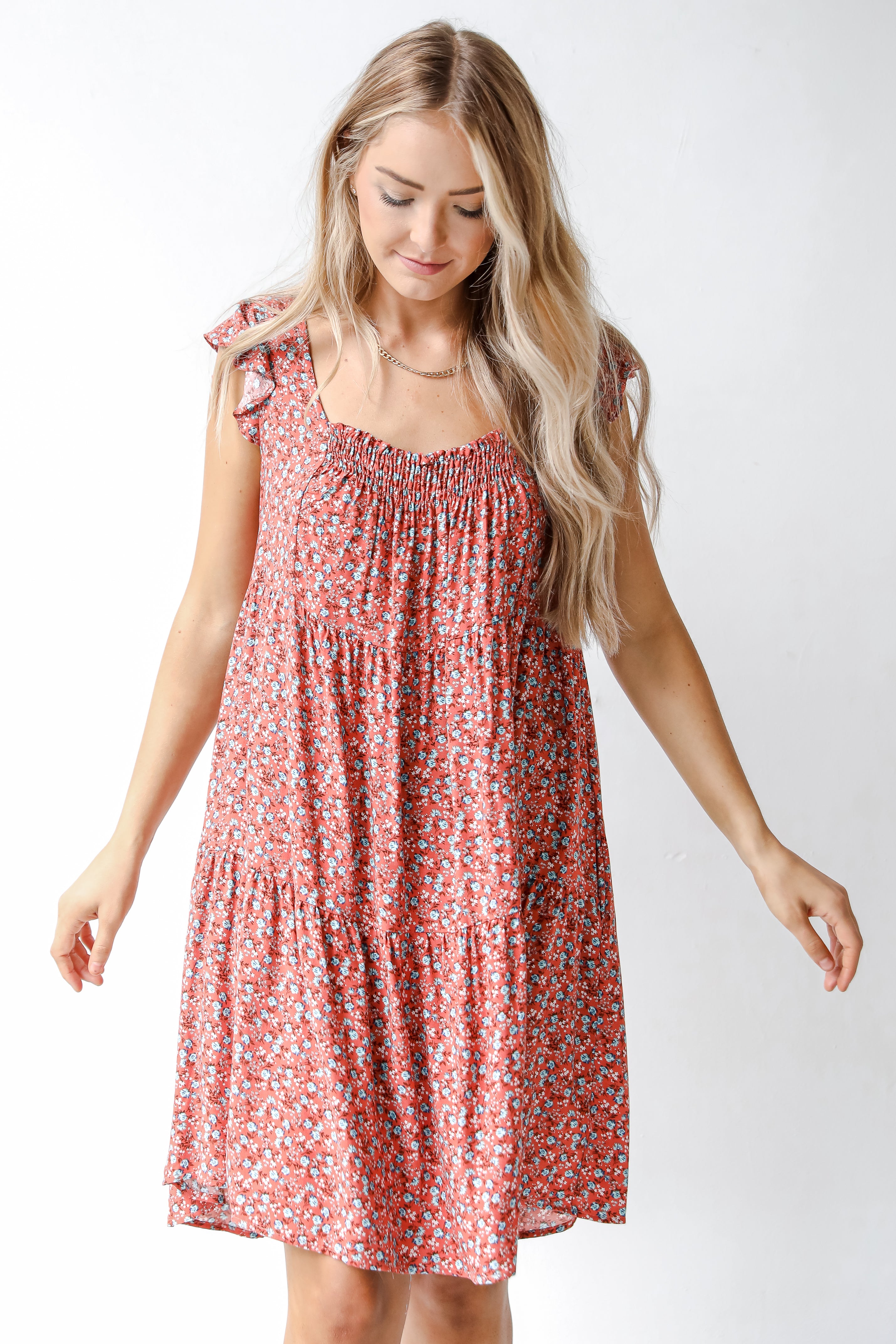 rust floral mini dress