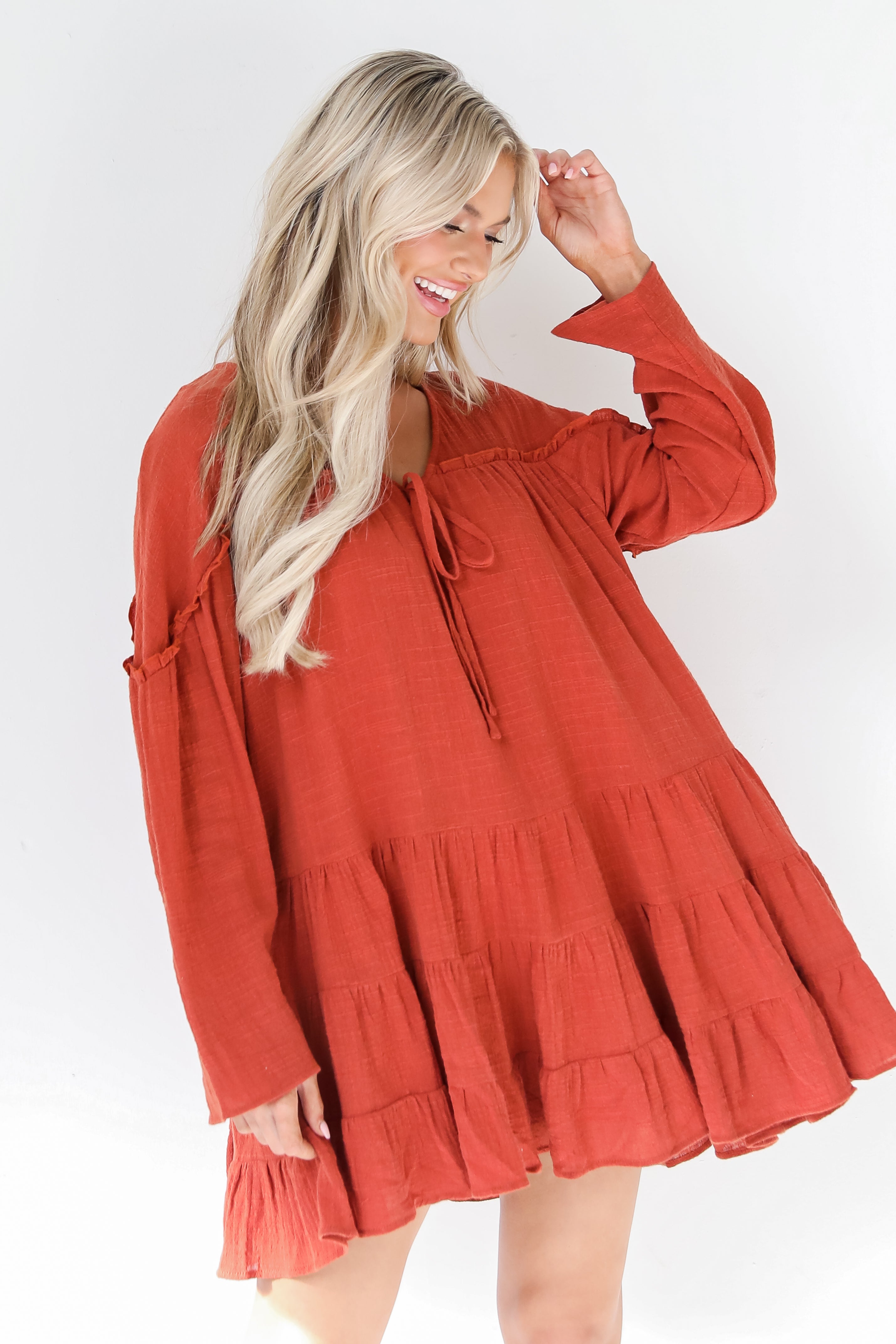 rust Mini Dress on model