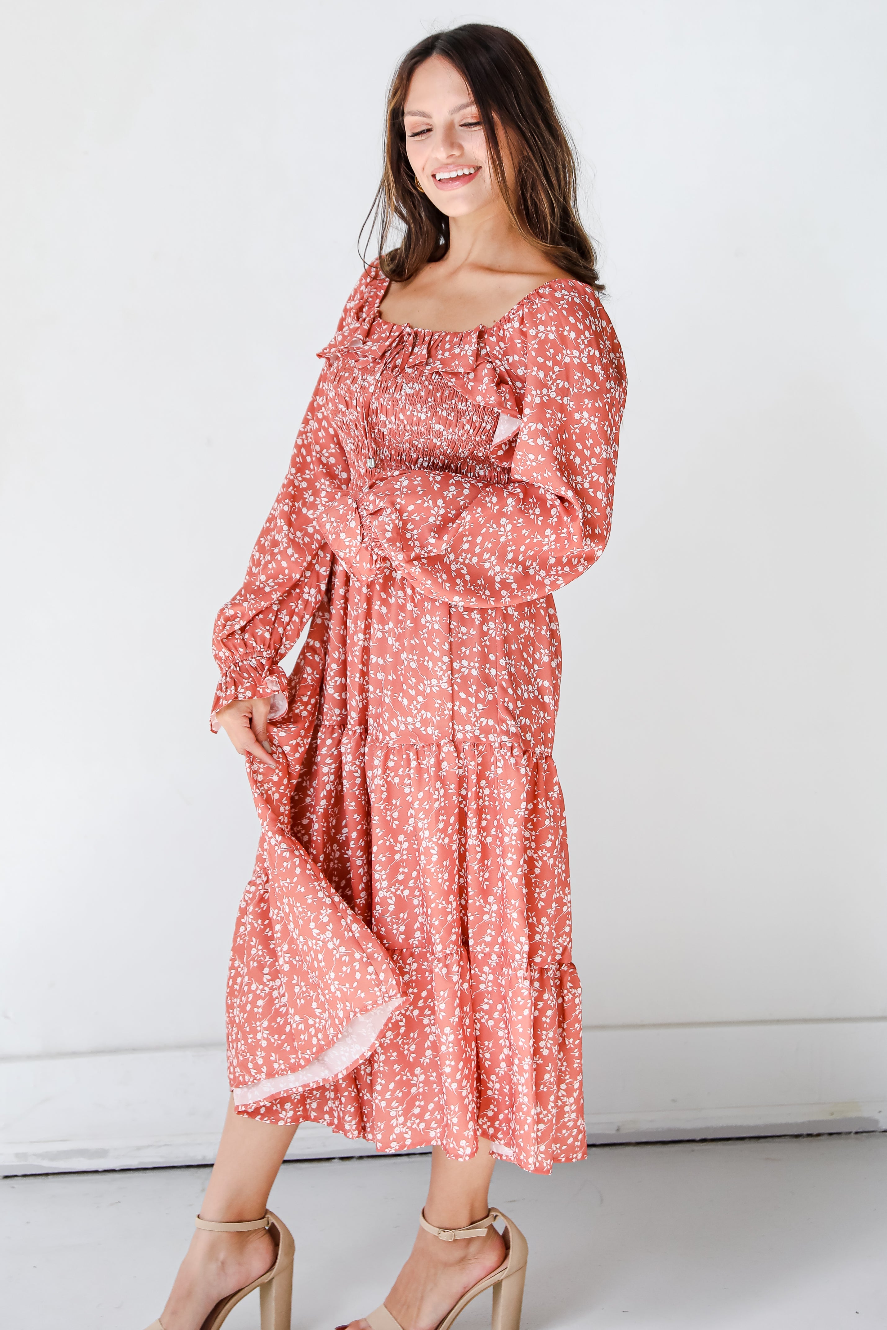 rust Floral Midi Dress side view