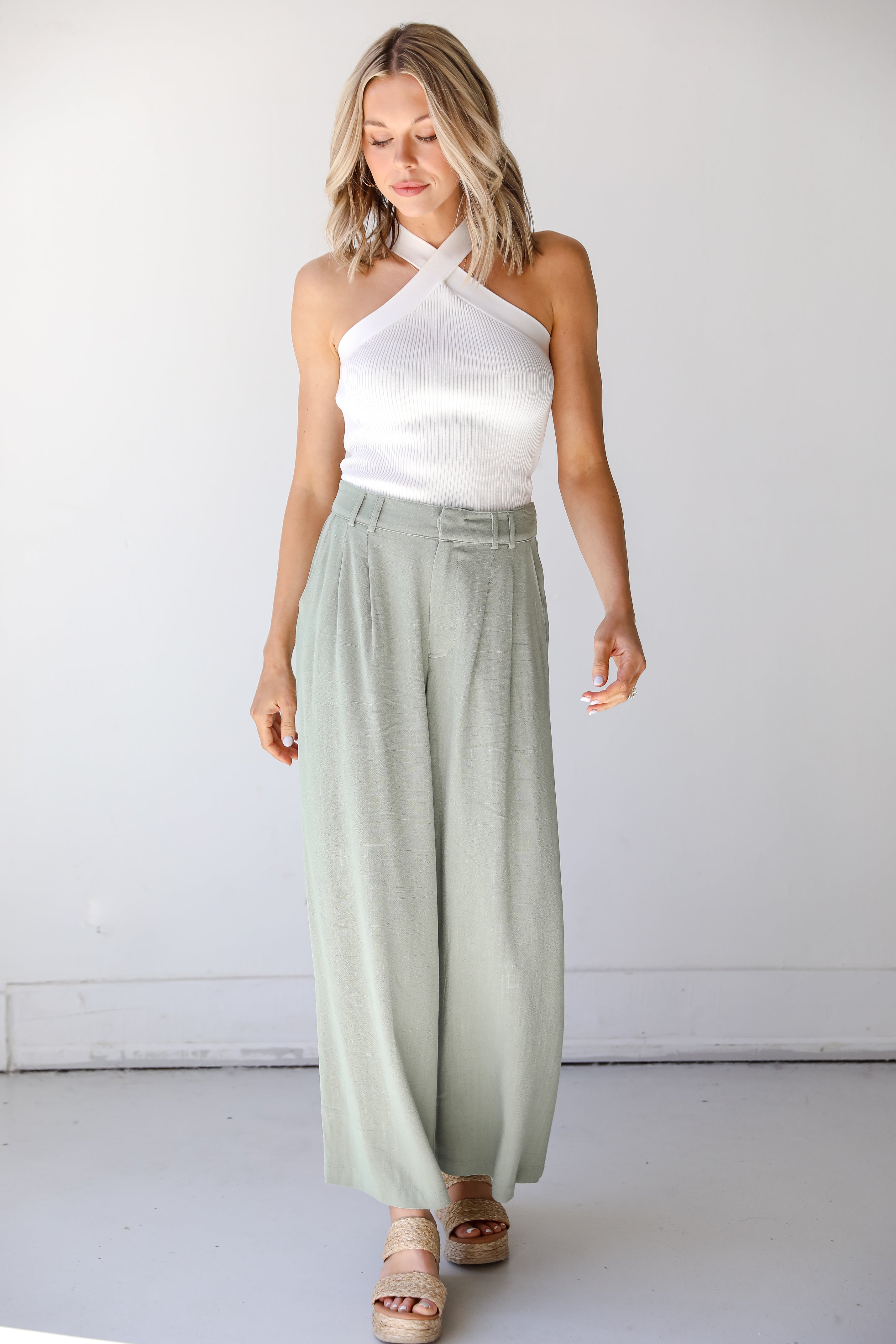 sage Linen Pants on model