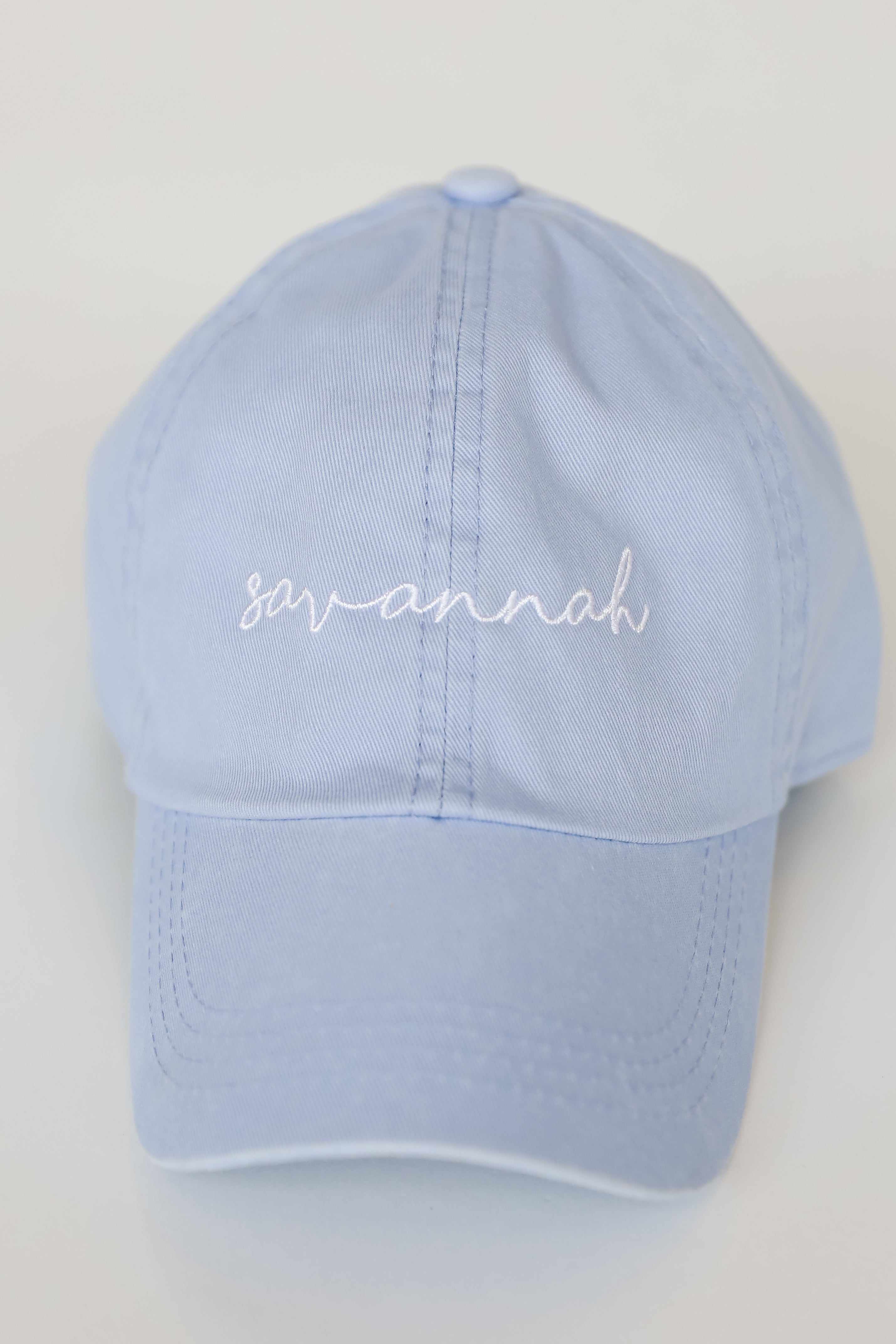 Savannah Embroidered Hat in light blue flat lay