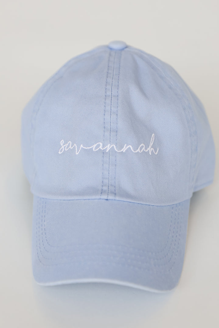 Savannah Embroidered Hat in light blue flat lay