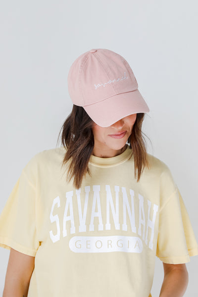 Savannah Script Embroidered Hat in blush front view