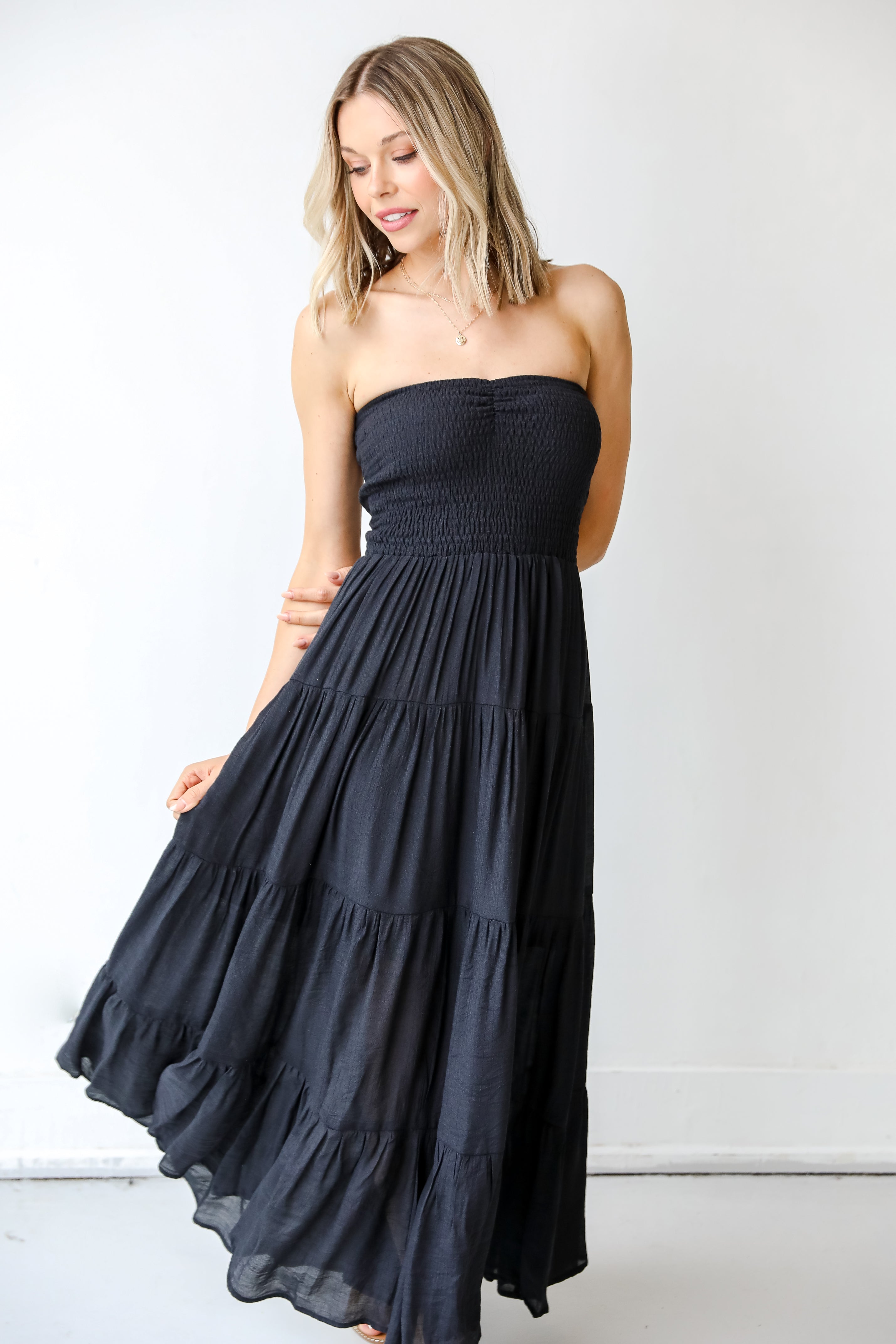 Strapless Maxi Dress in black on model