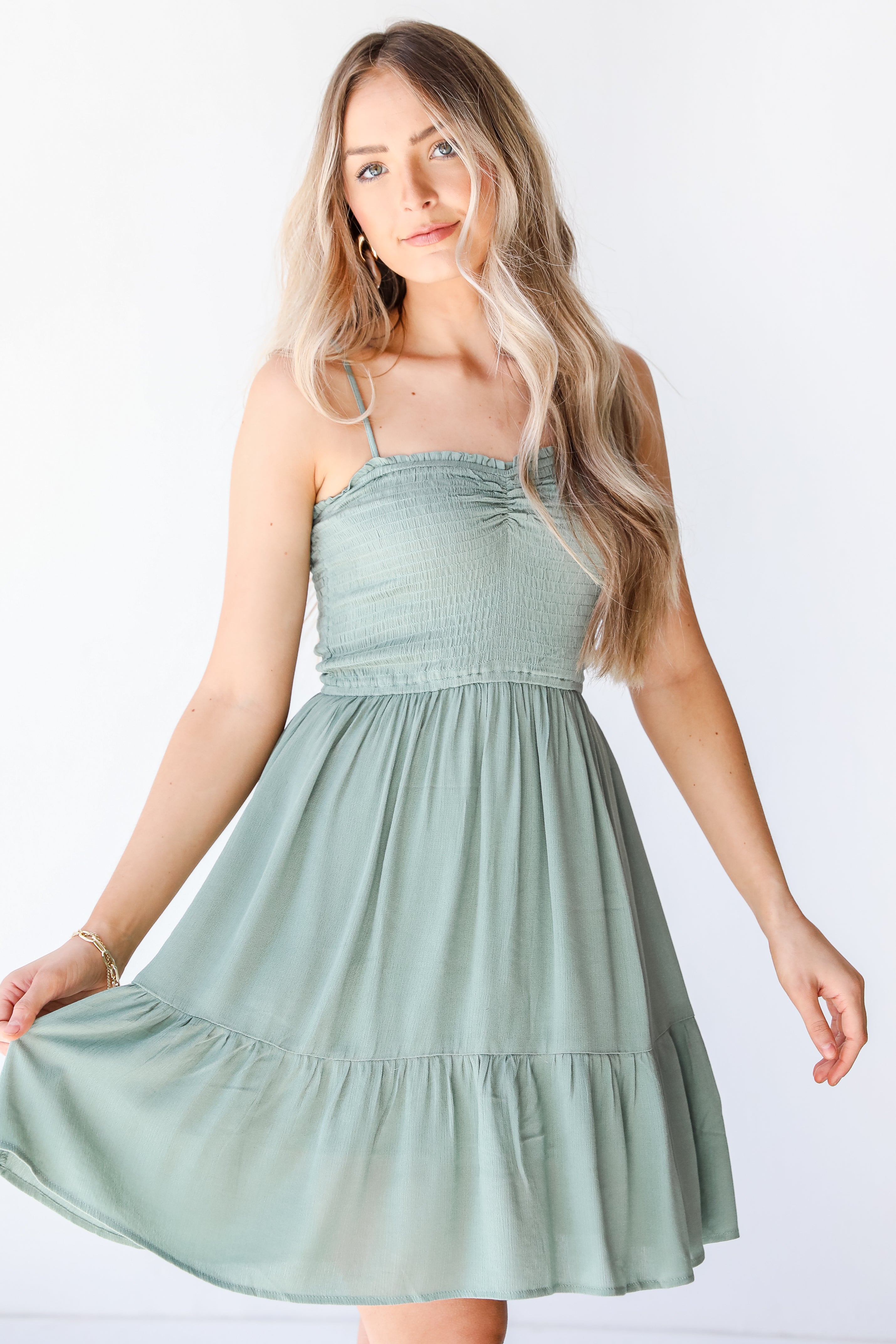 Smocked Mini Dress in sage
