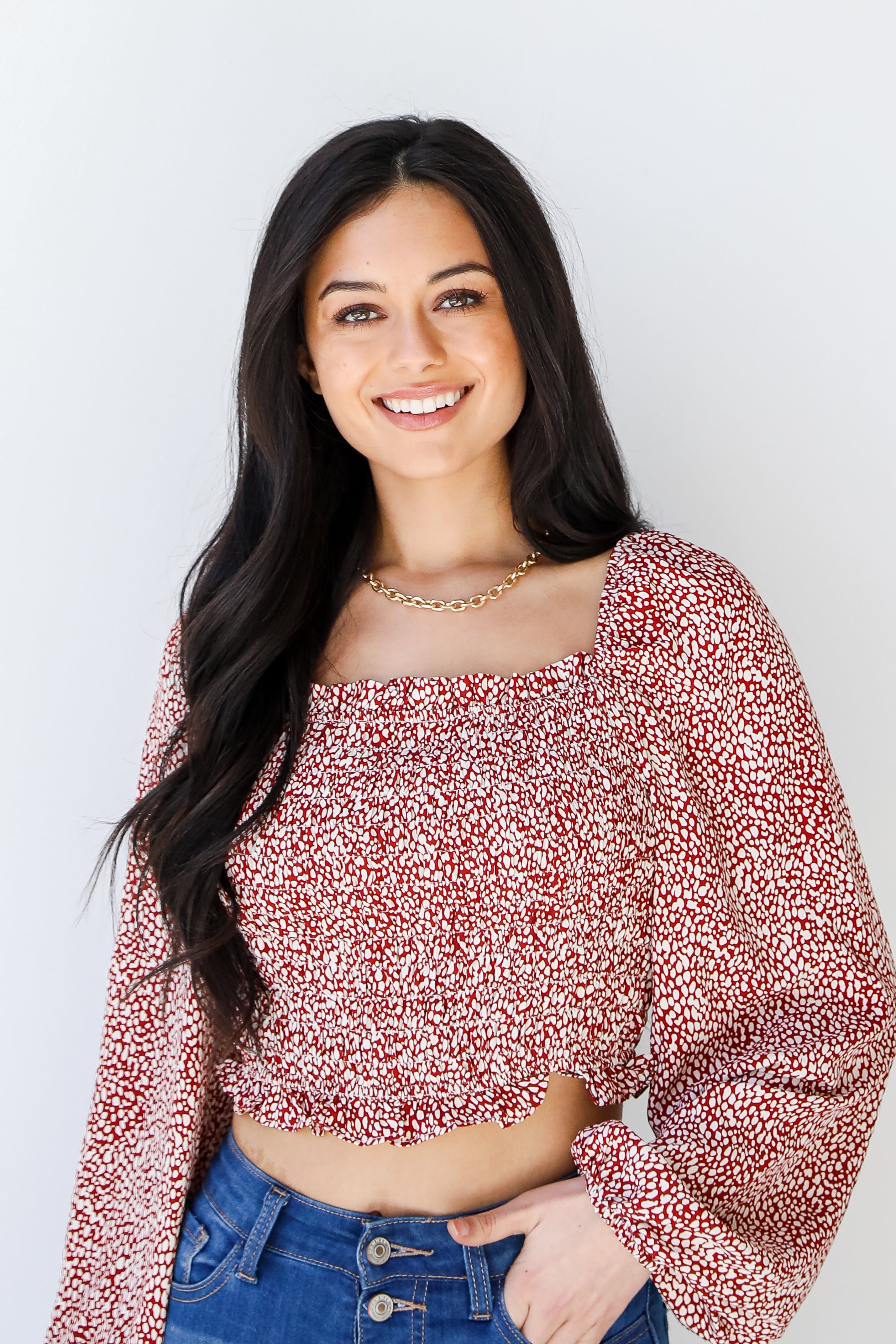 Smocked Cropped Blouse in brick