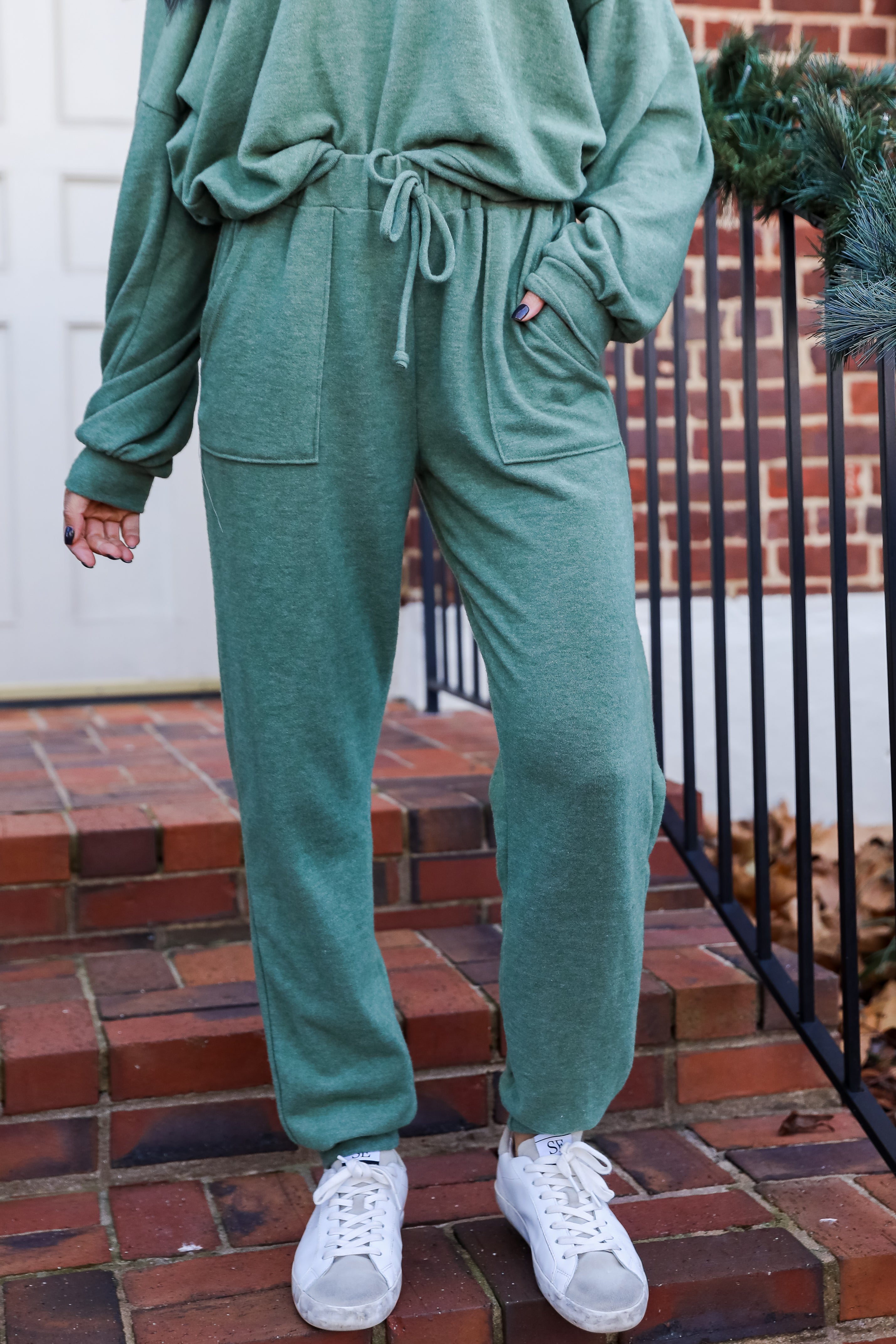 olive Brushed Knit Joggers on model