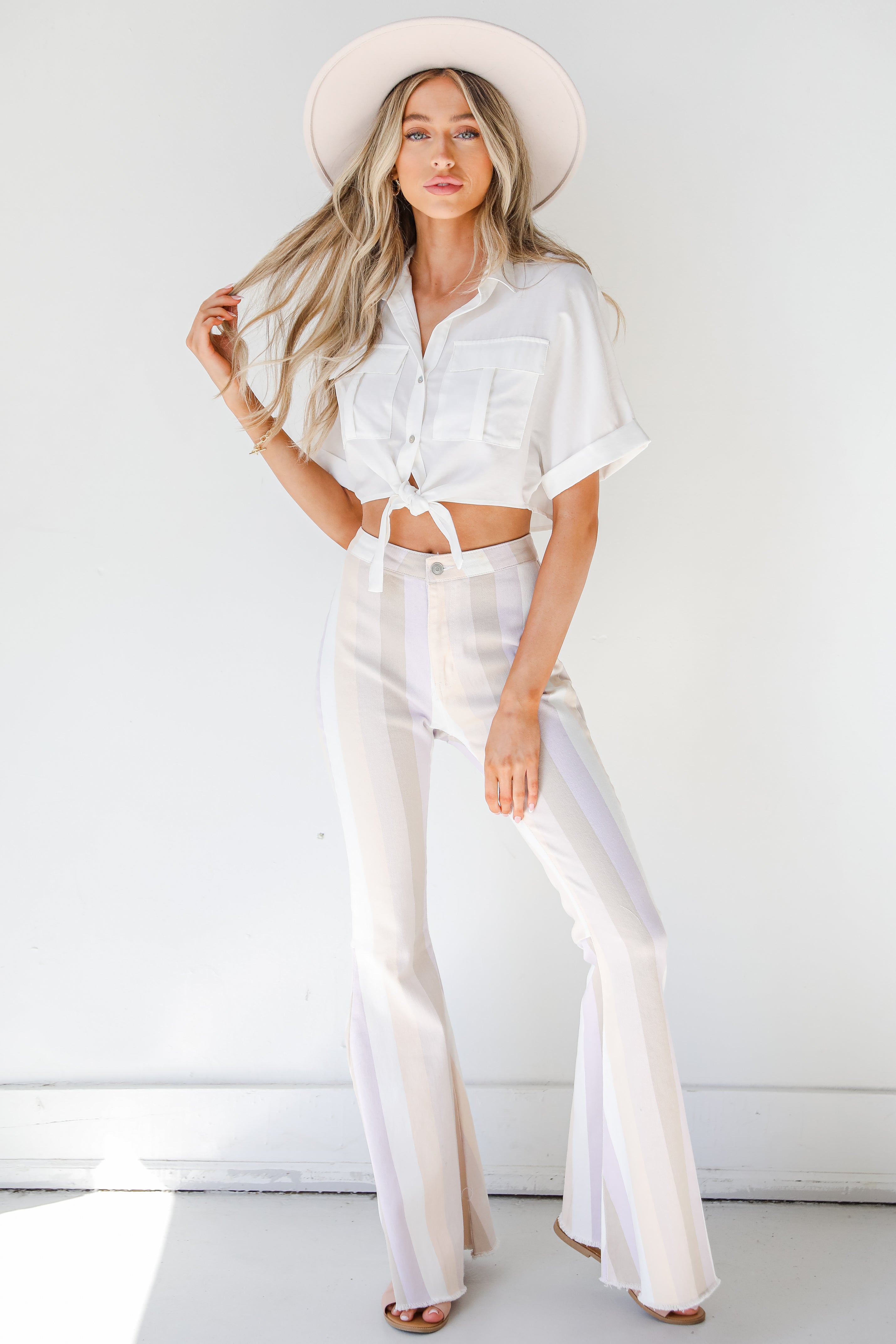 Striped Flare Jeans in lavender on model