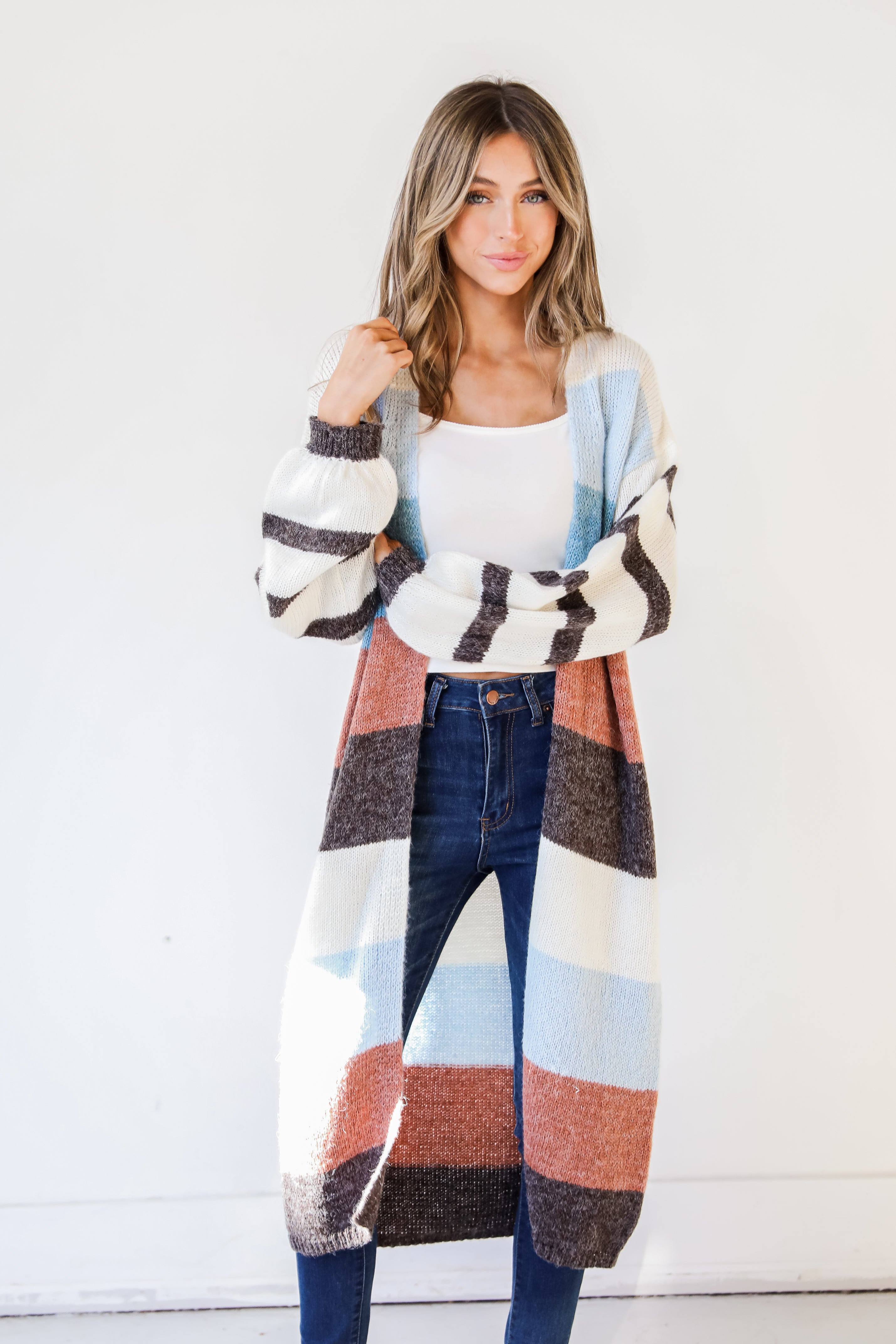 Cozy Striped Sweater Cardigan on model