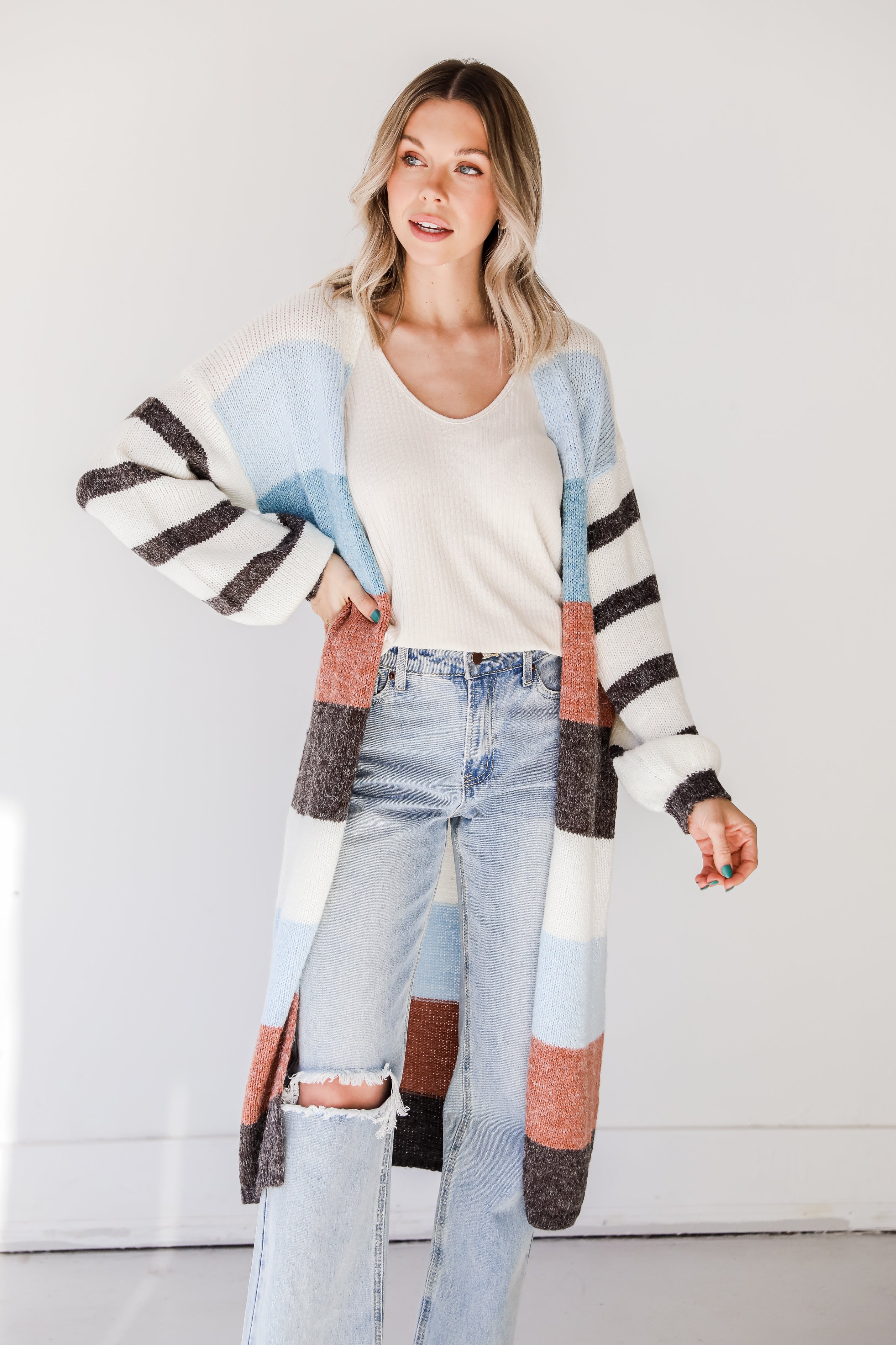 Cozy Striped Sweater Cardigan on dress up model