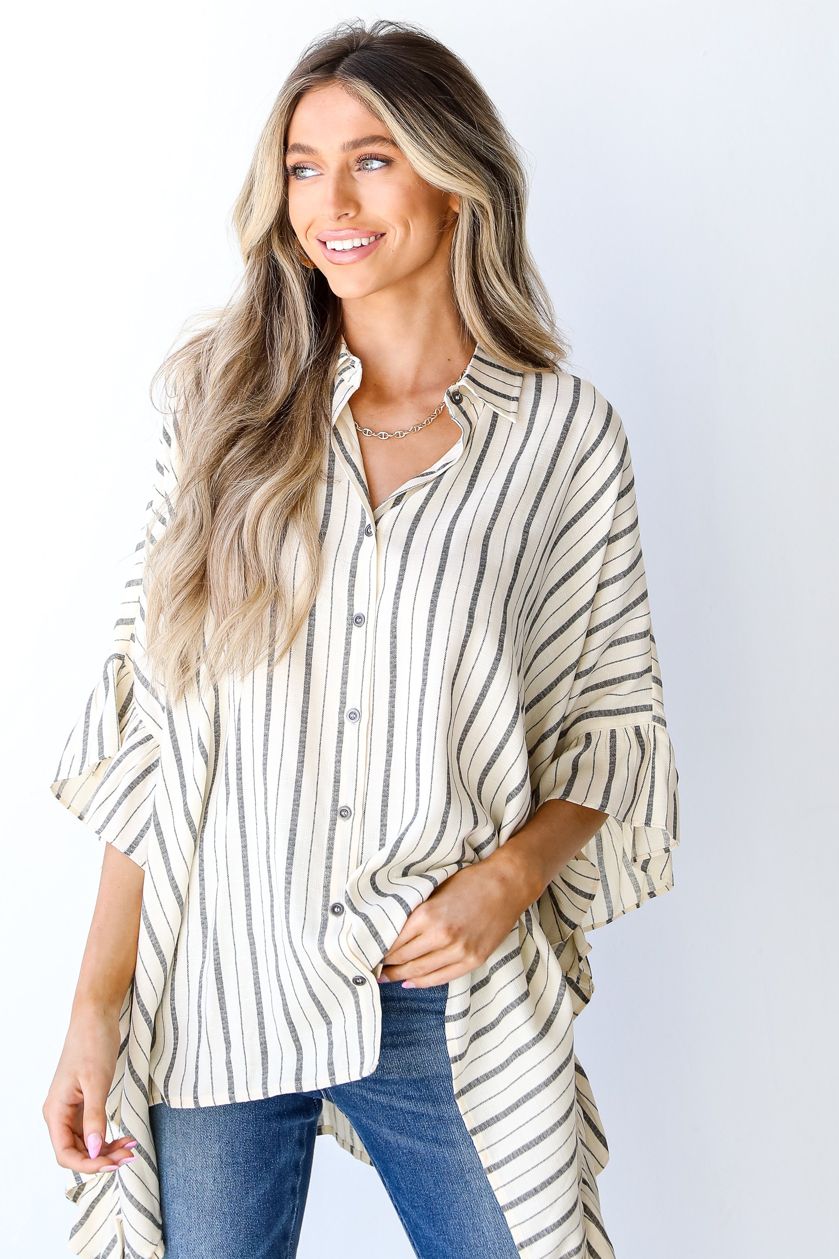 Striped Oversized Ruffle Blouse