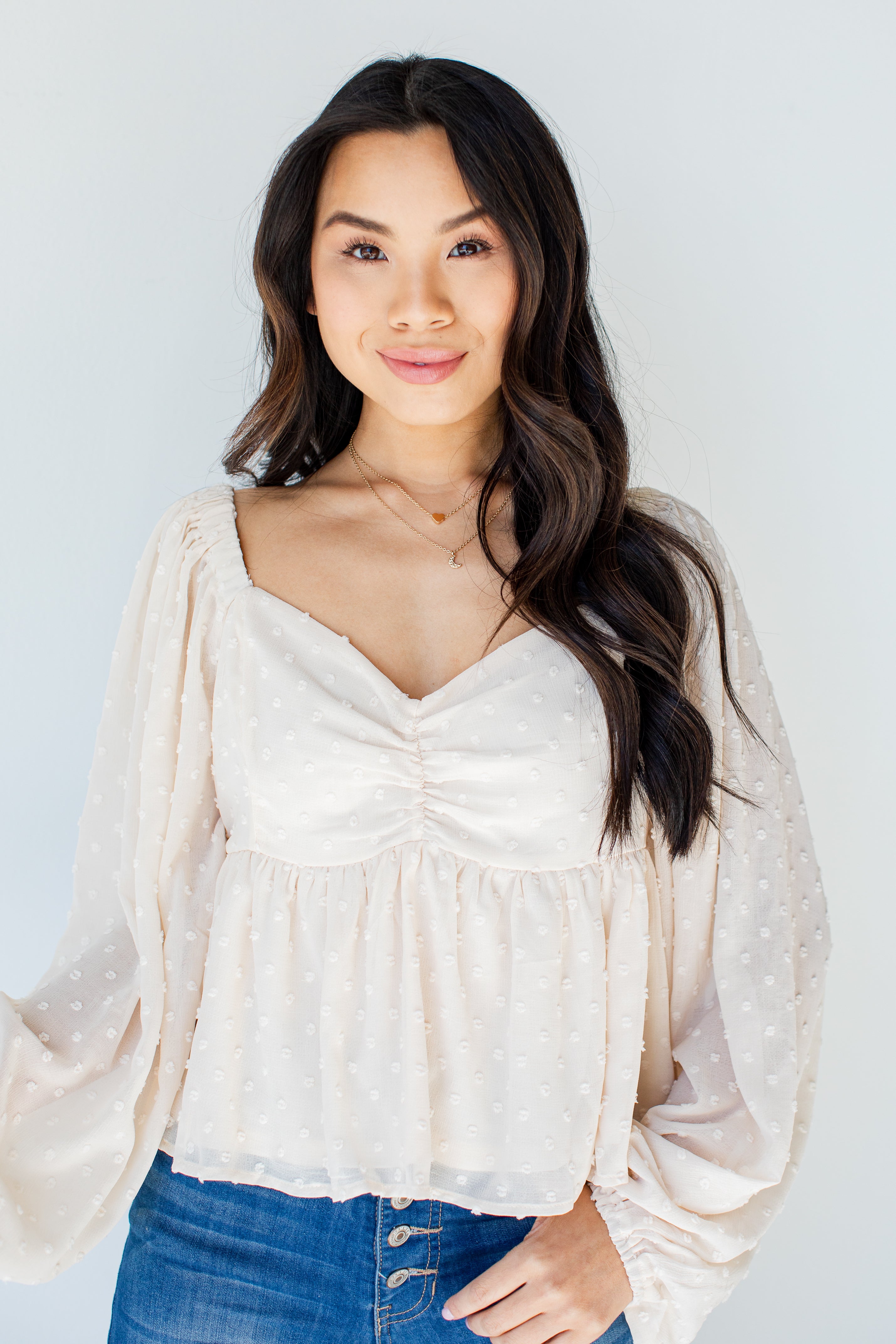 Swiss Dot Babydoll Blouse in ivory