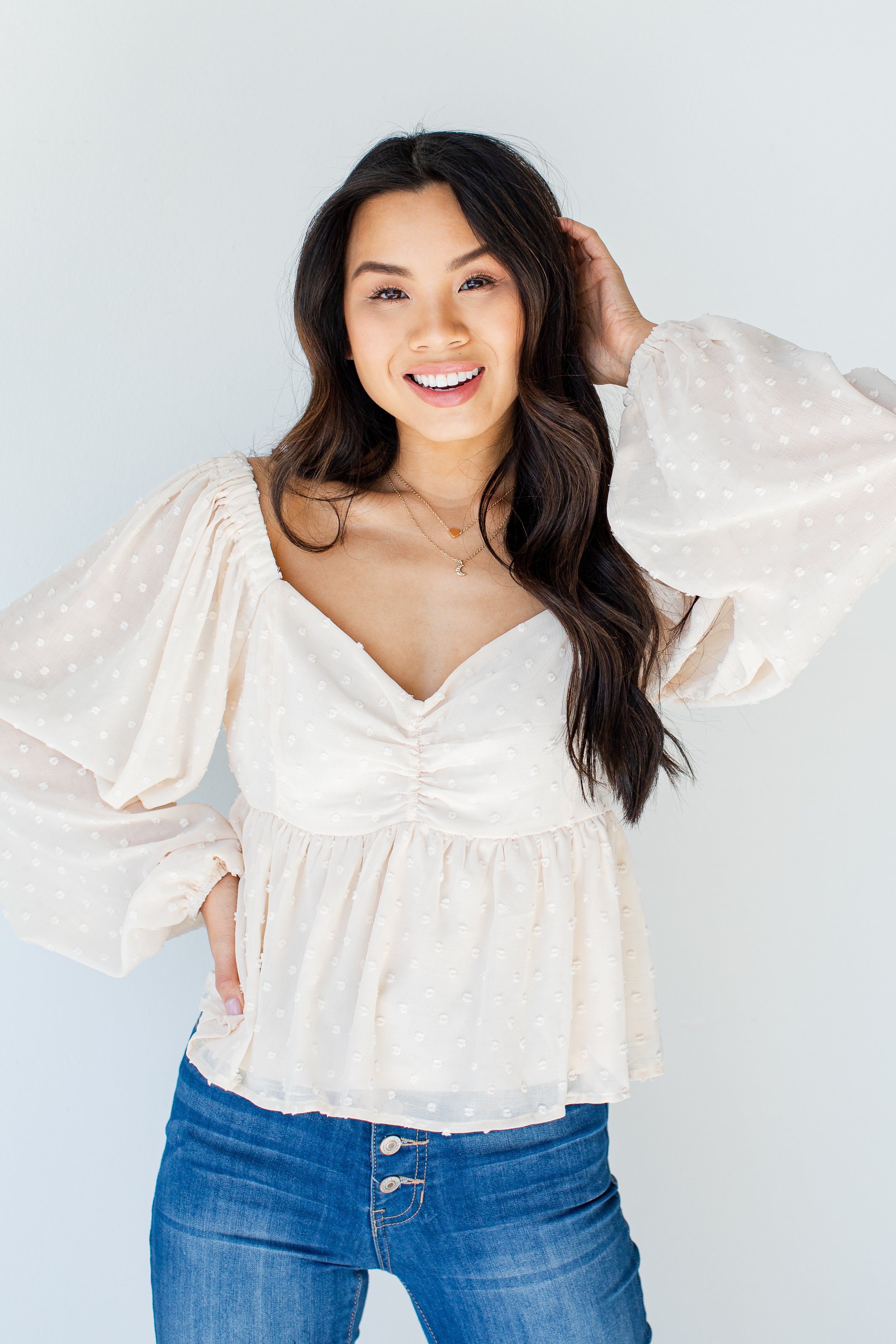 Swiss Dot Babydoll Blouse in ivory front view