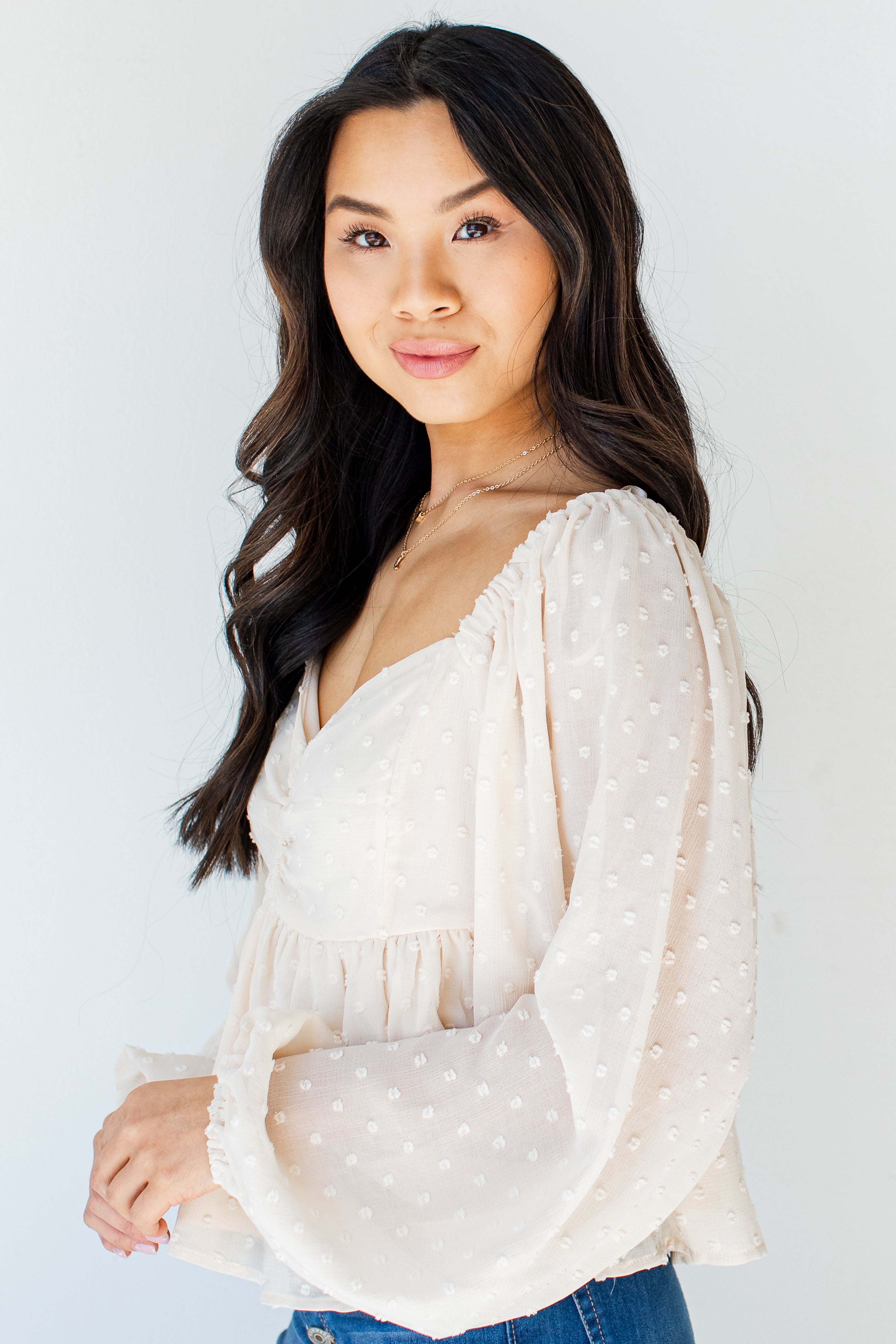 Swiss Dot Babydoll Blouse in ivory side view