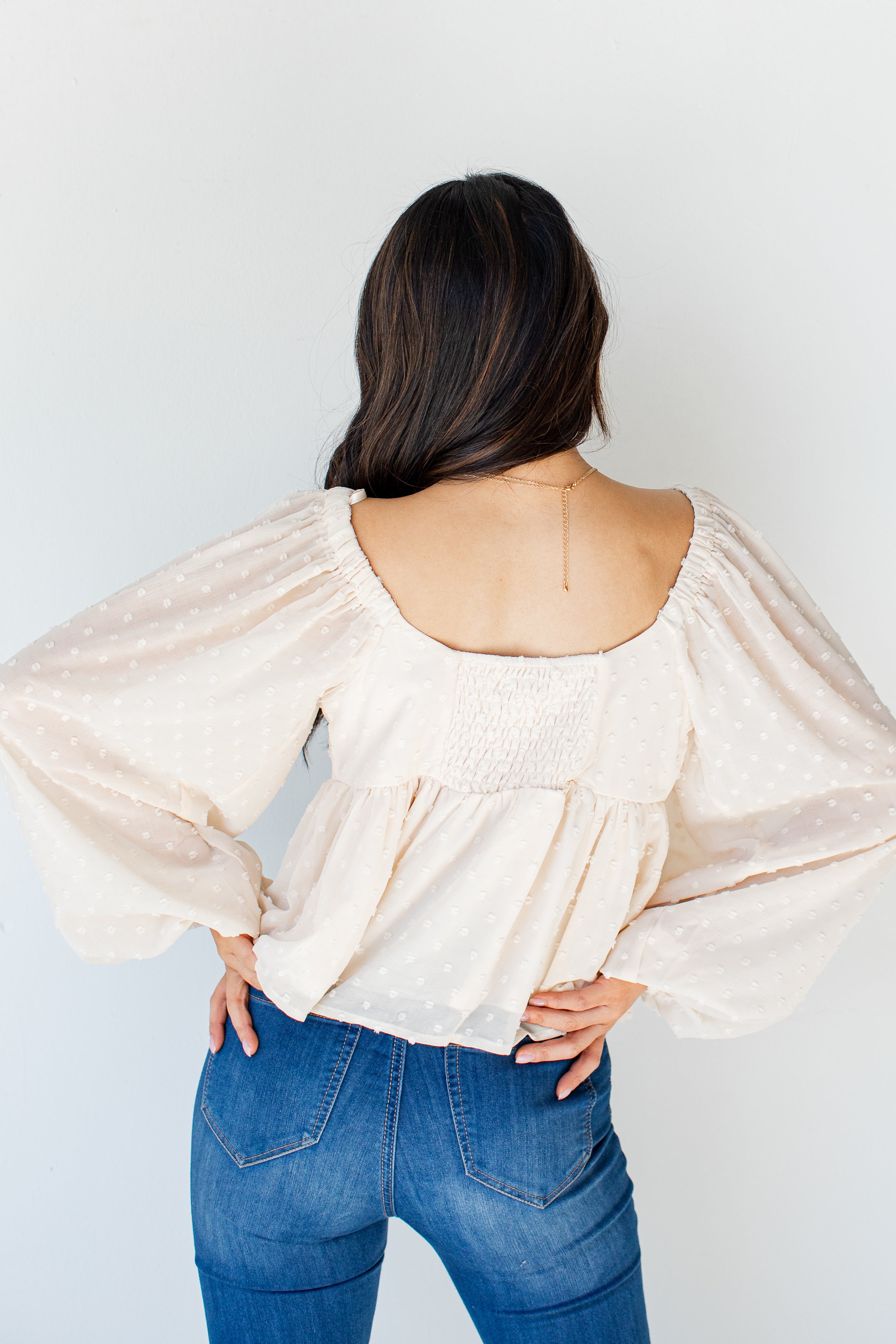 Swiss Dot Babydoll Blouse in ivory back view