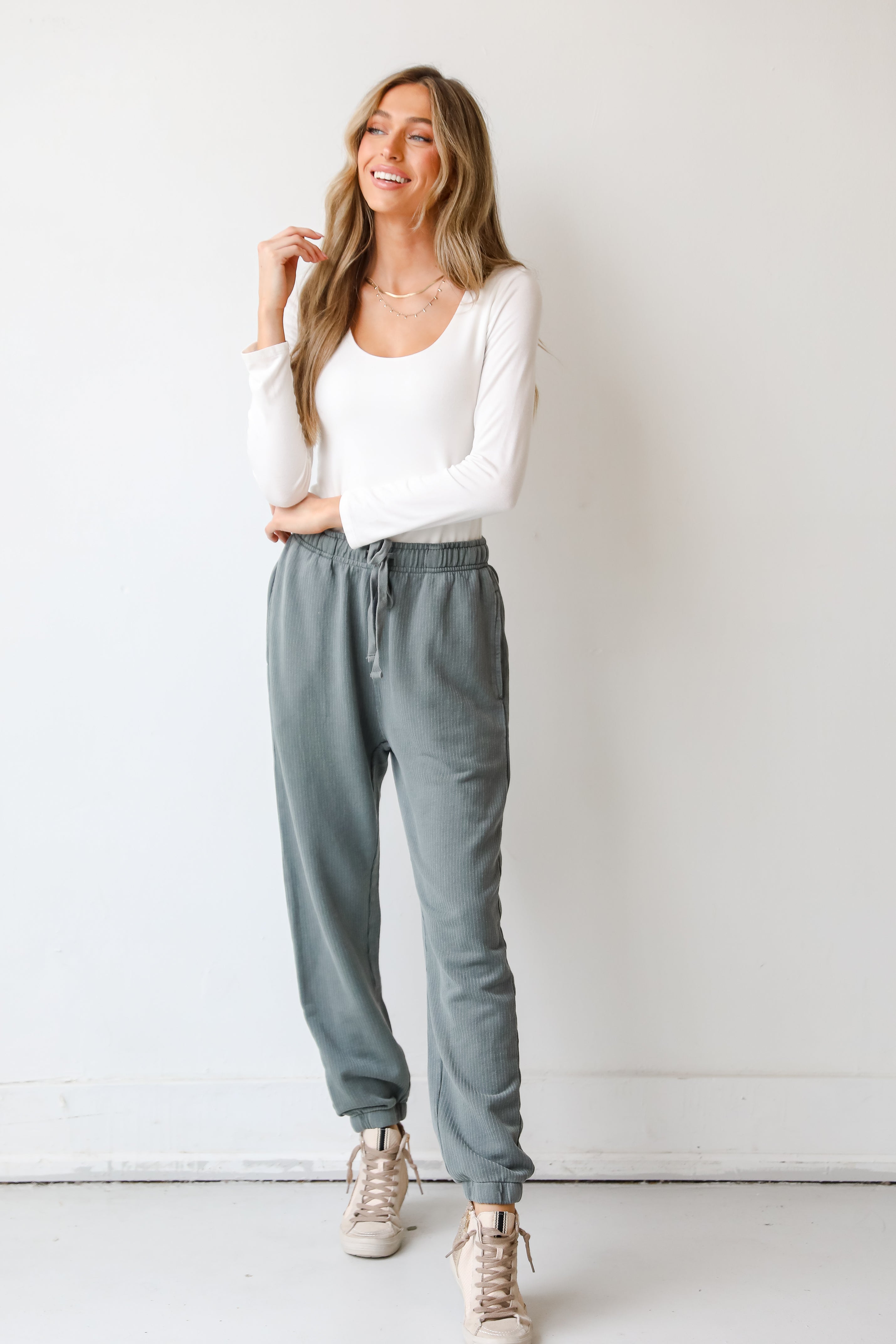 teal Joggers on model