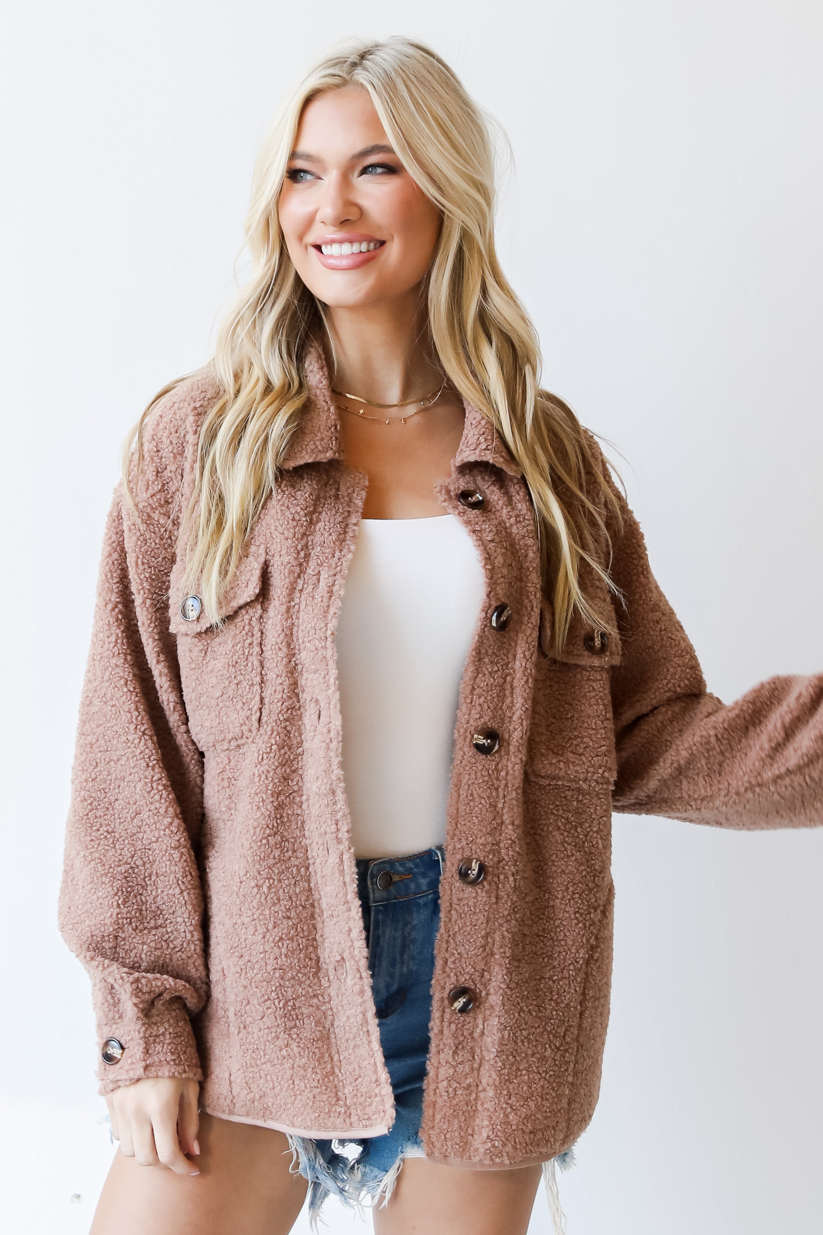 mocha Teddy Jacket on model