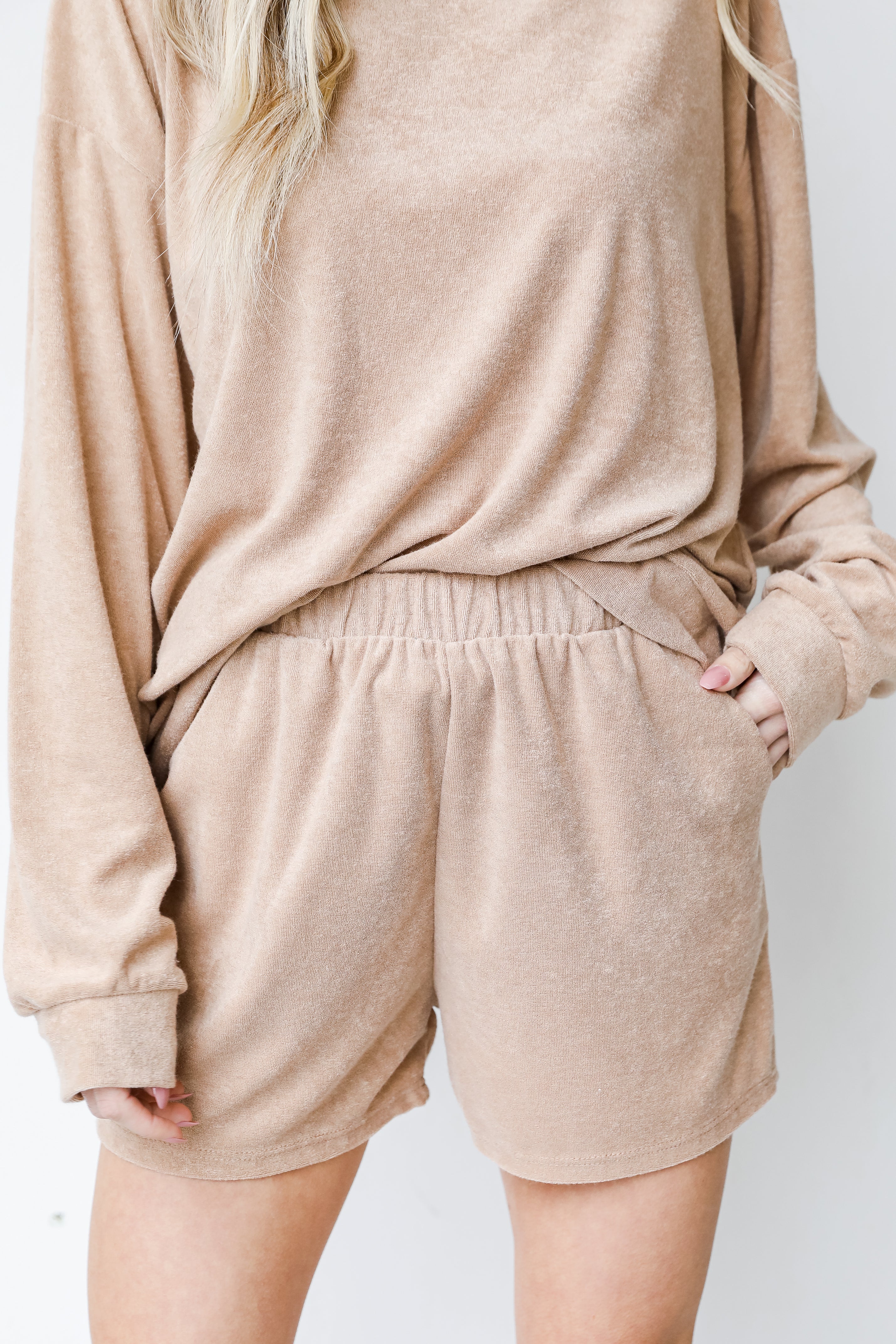 Terry Cloth Shorts in taupe front view