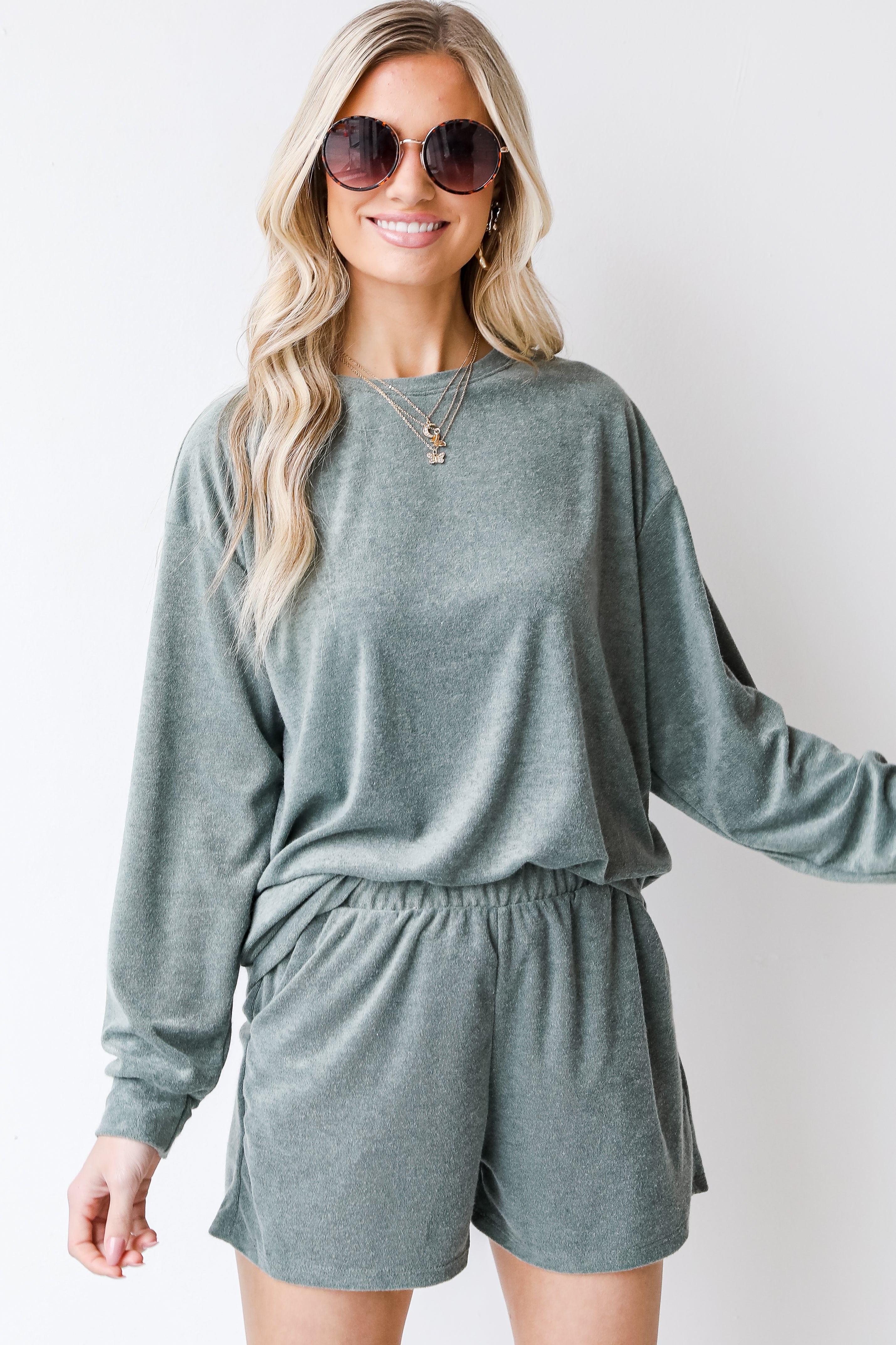 Terry Cloth Shorts in olive on model