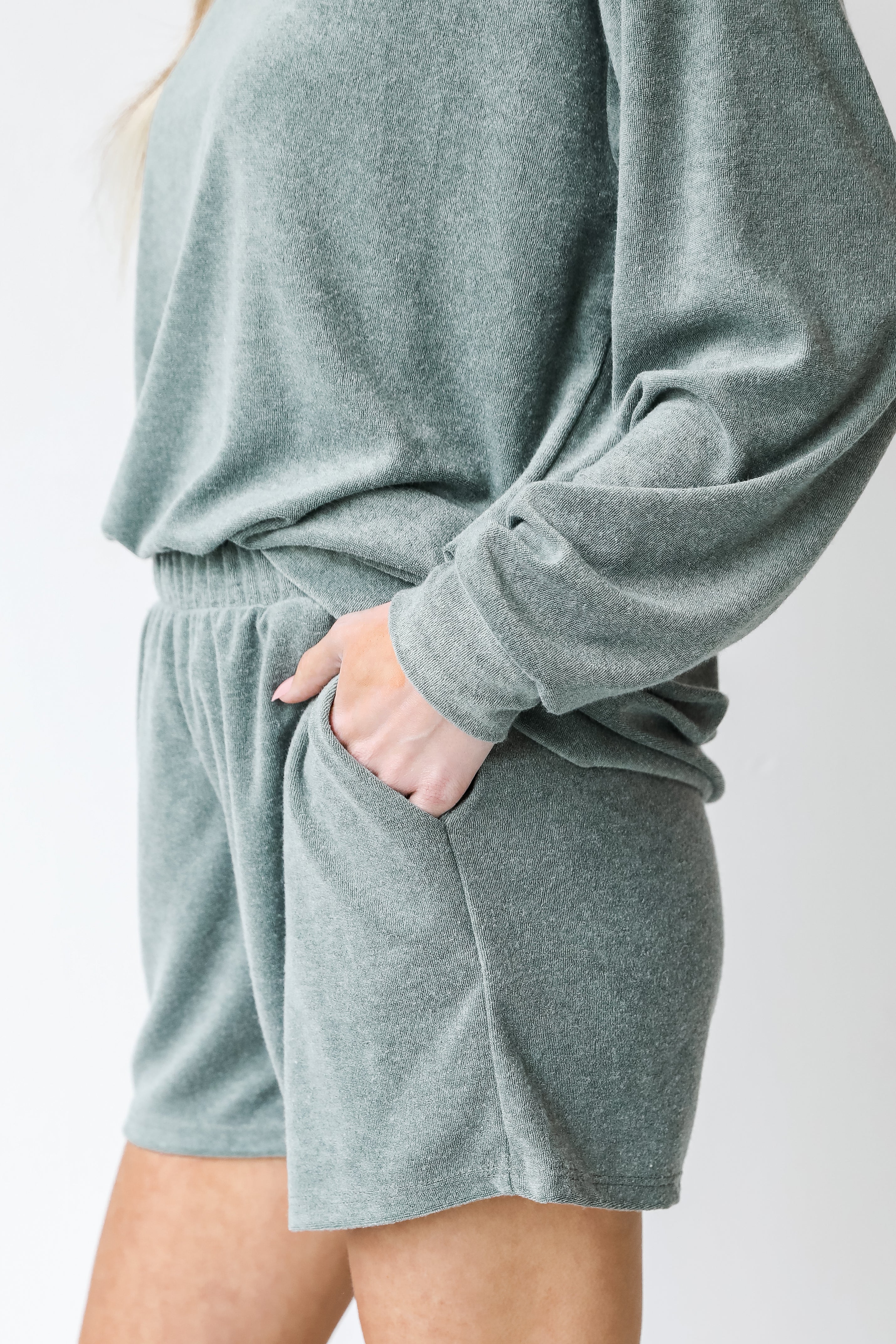 Terry Cloth Shorts in olive side view