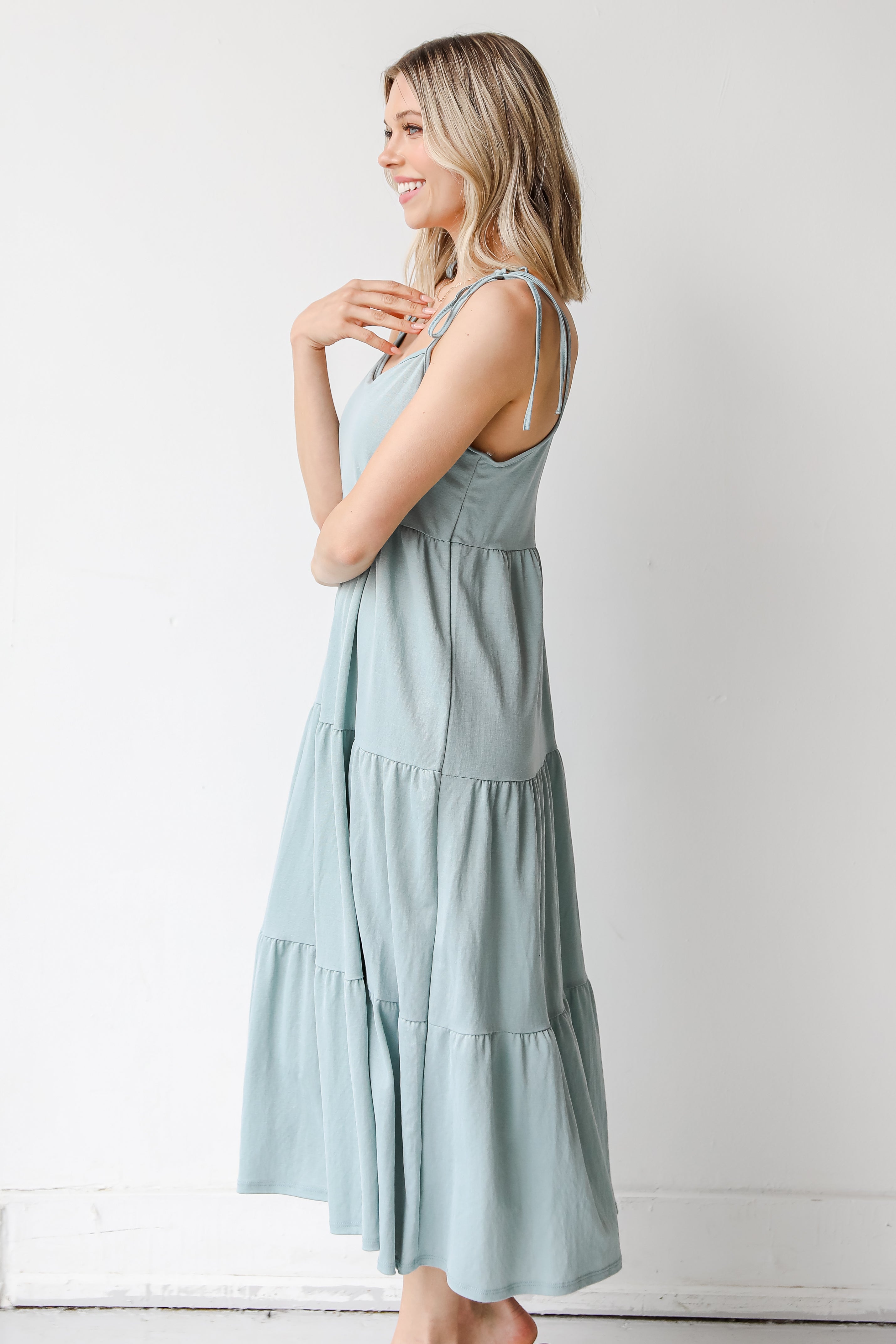 Tiered Midi Dress in sage side view