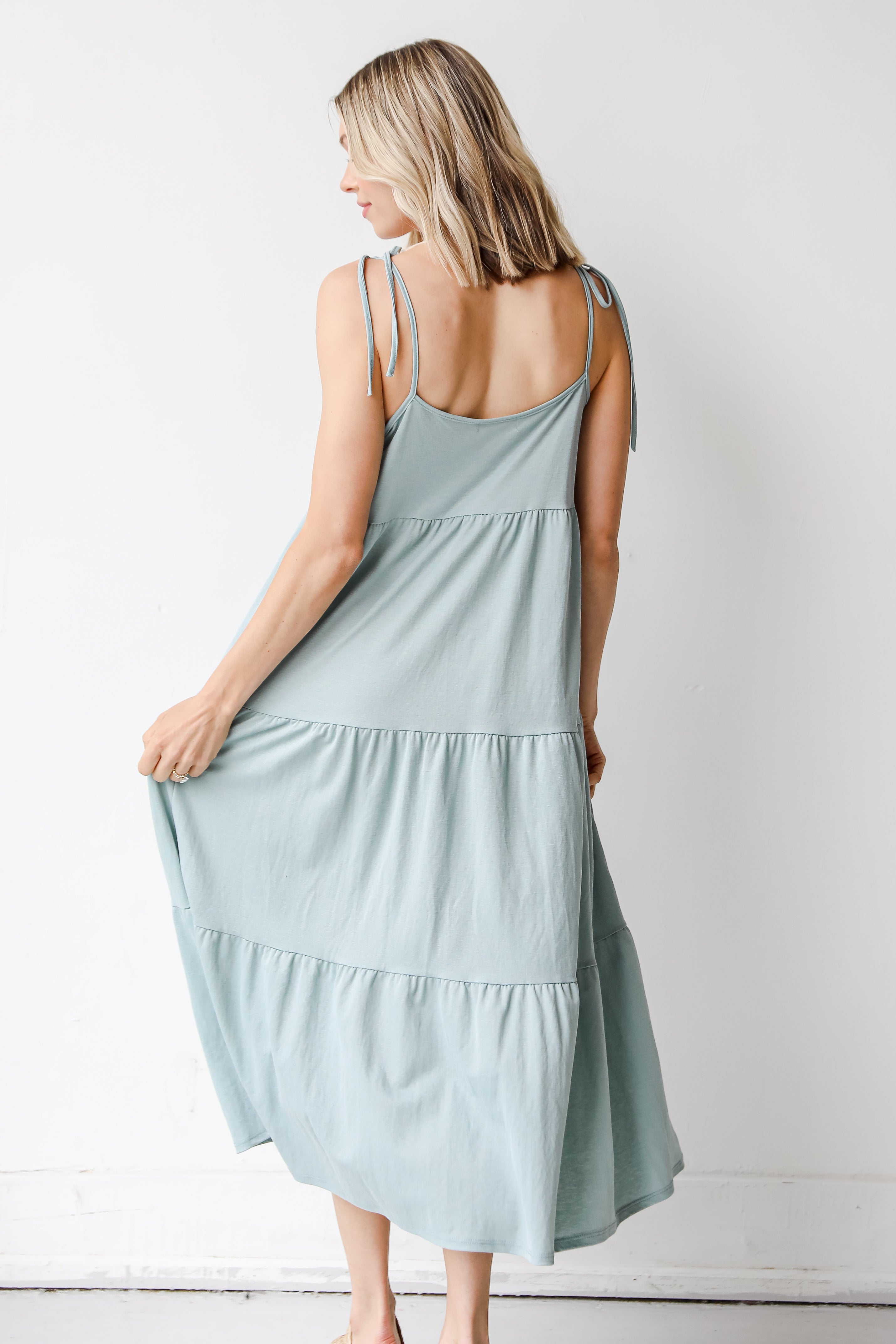 Tiered Midi Dress in sage back view