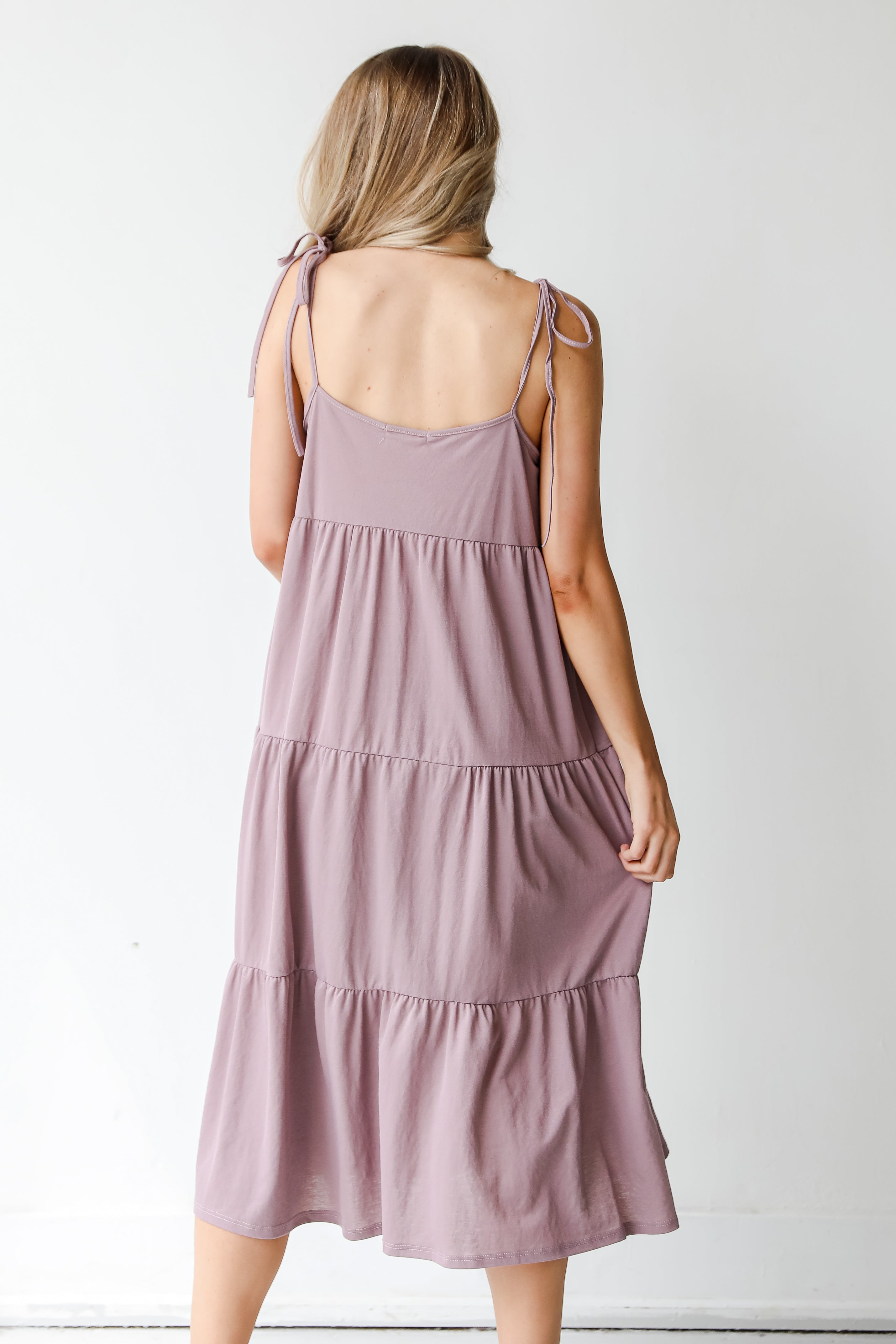 Tiered Midi Dress in lavender back view