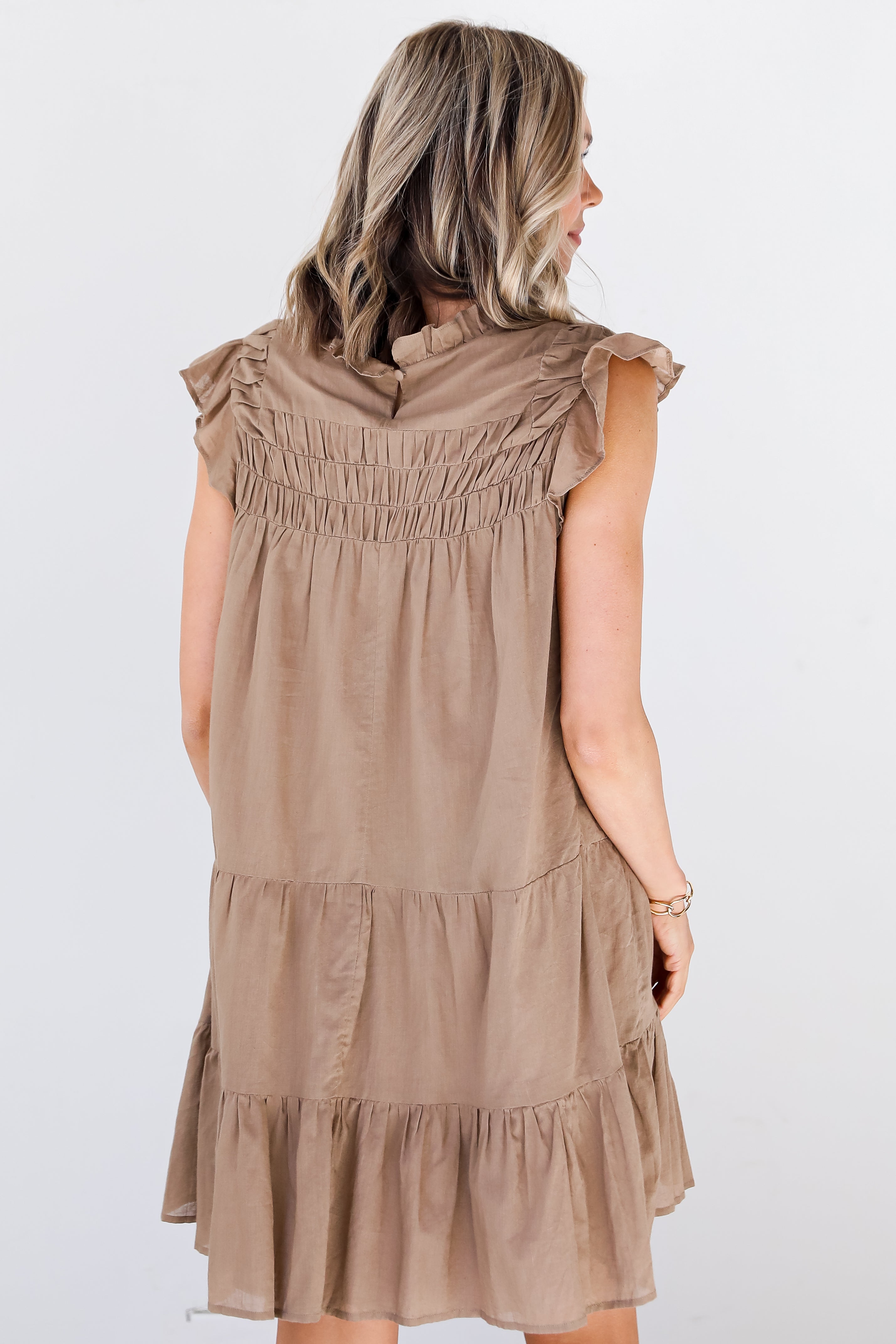 brown ruffle Mini Dress back view