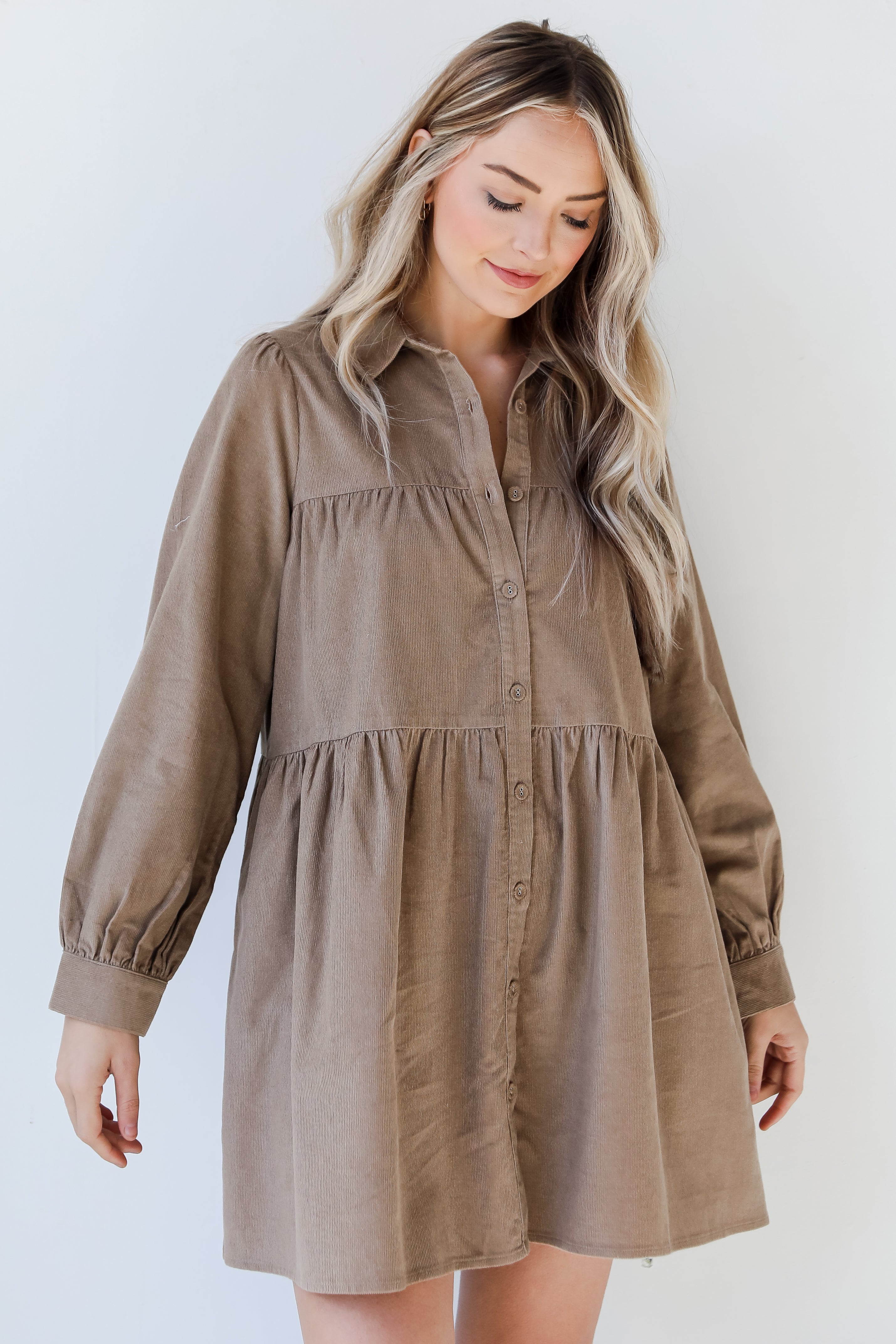 mocha Corduroy Tiered Mini Dress