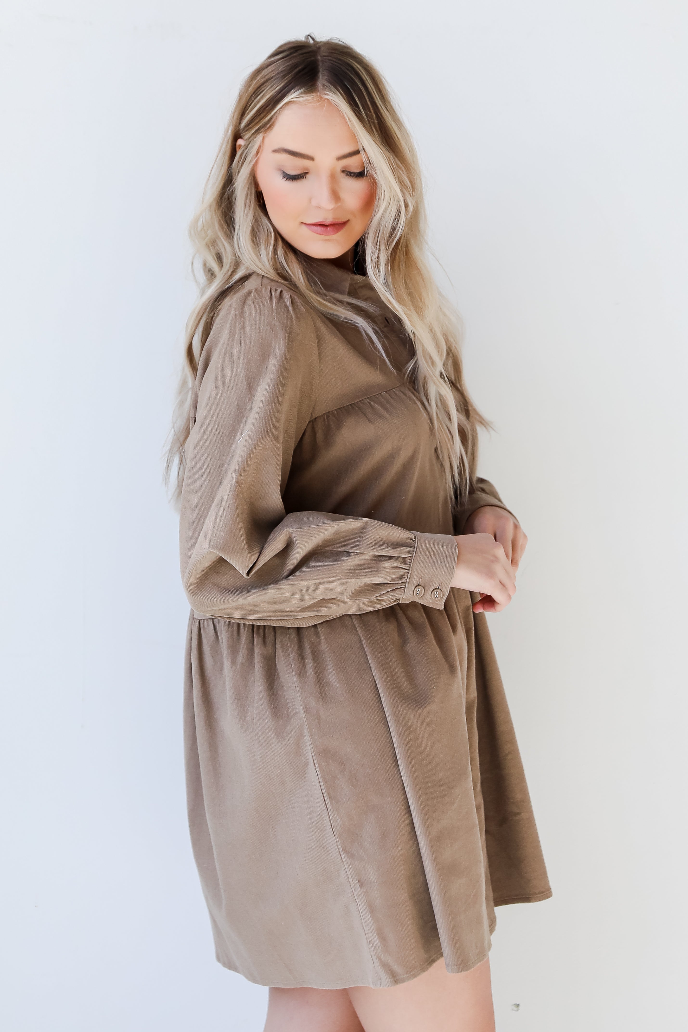 mocha Corduroy Tiered Mini Dress side view