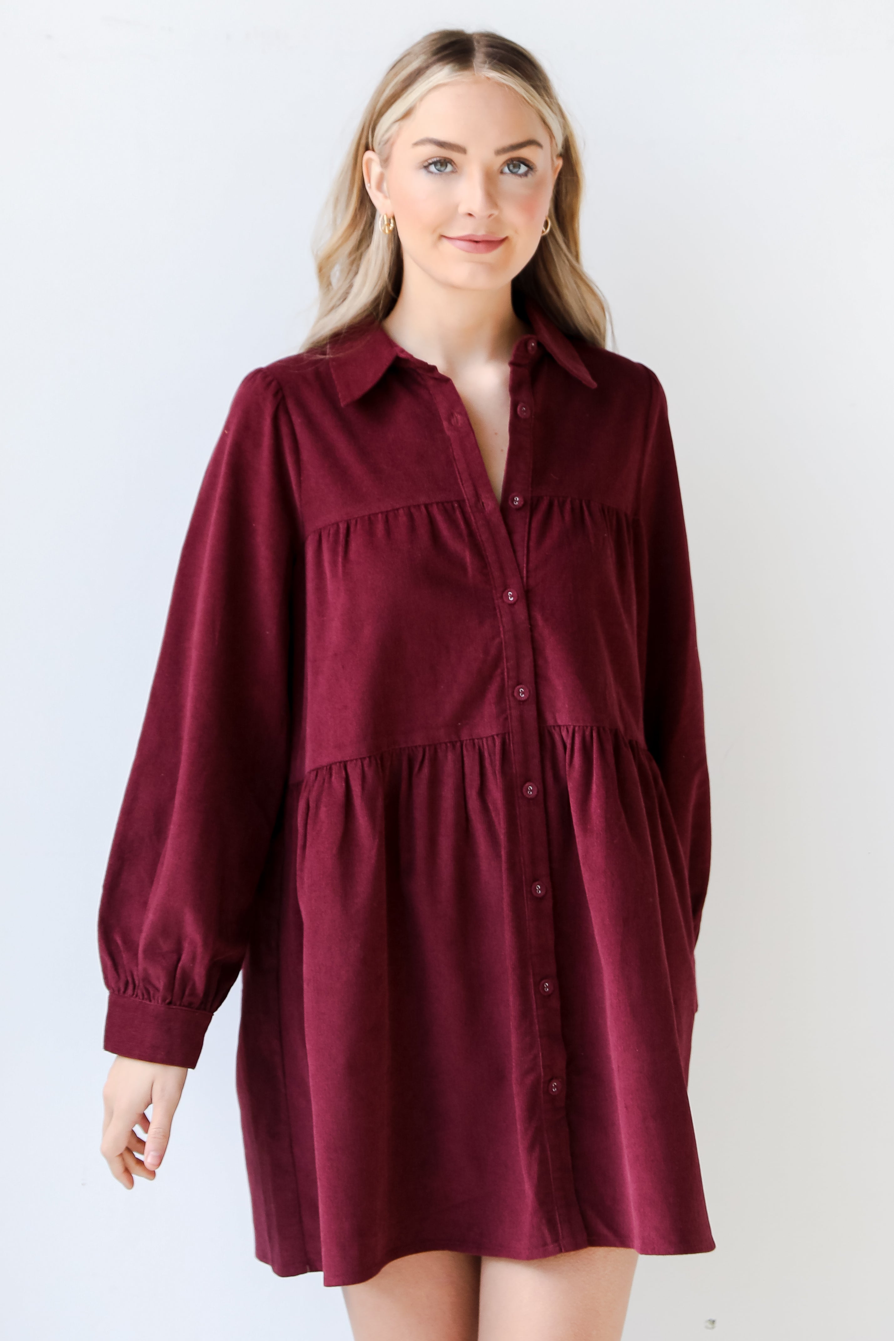 wine Corduroy Tiered Mini Dress