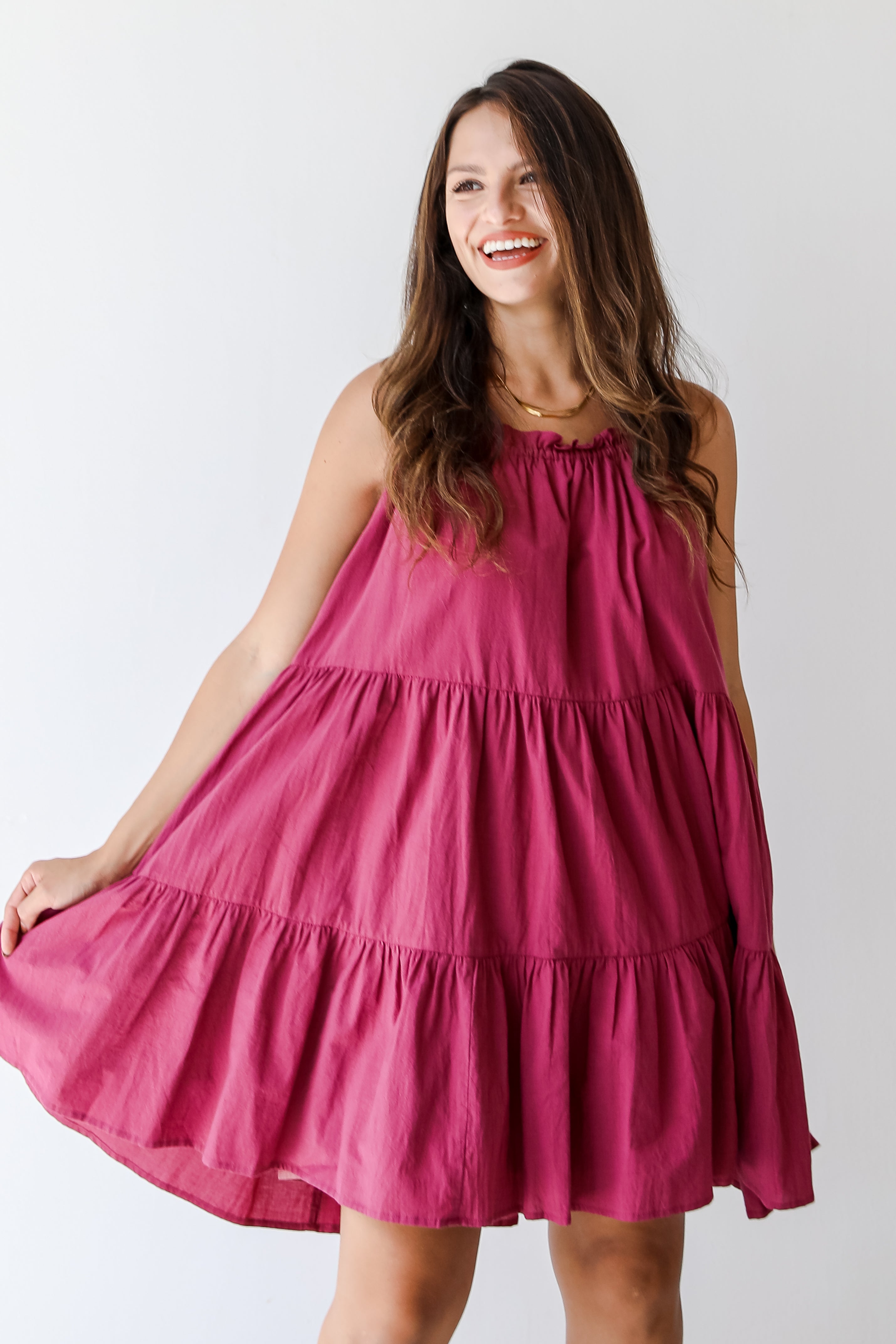 purple tiered mini dress