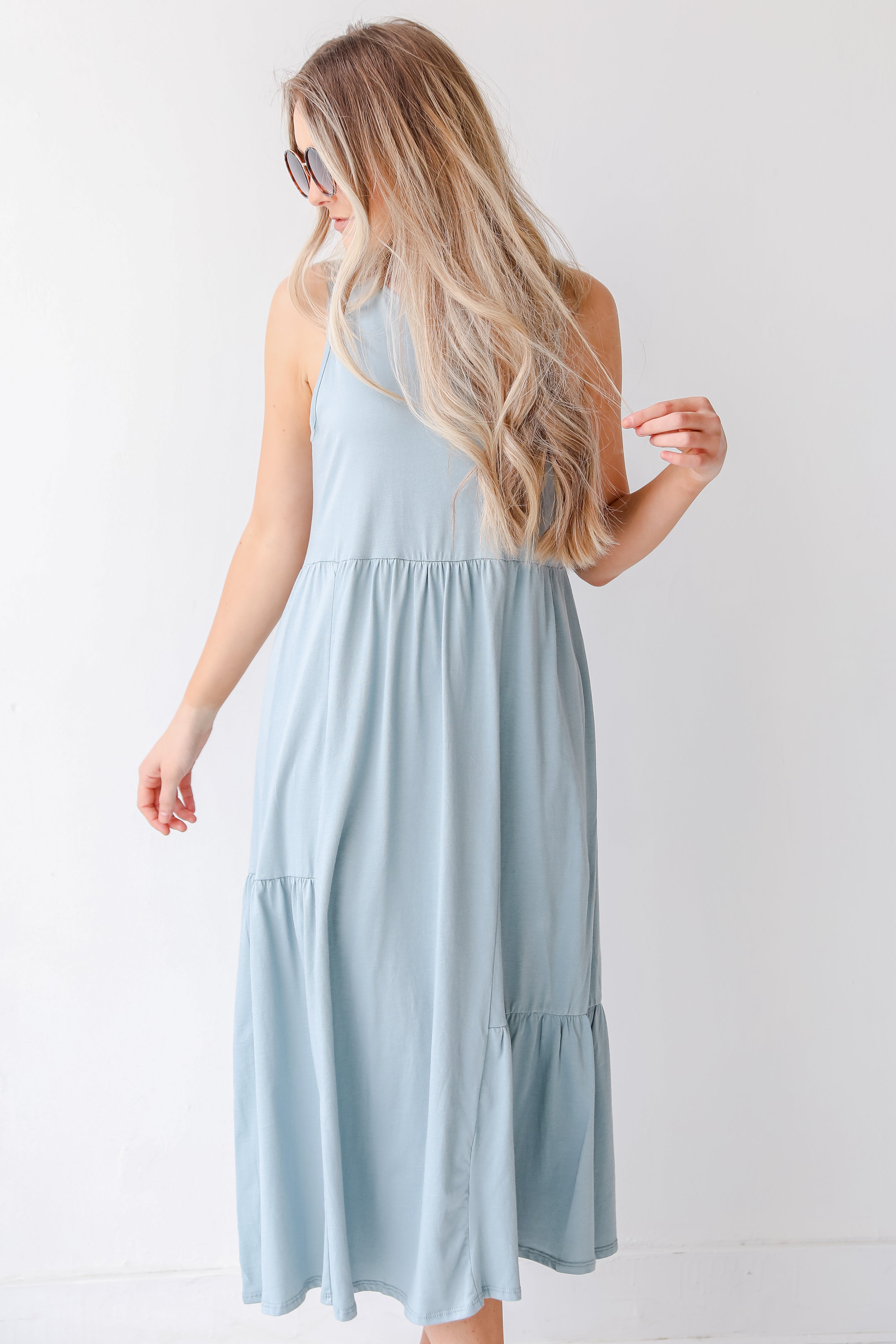 Tiered Maxi Dress in denim on model