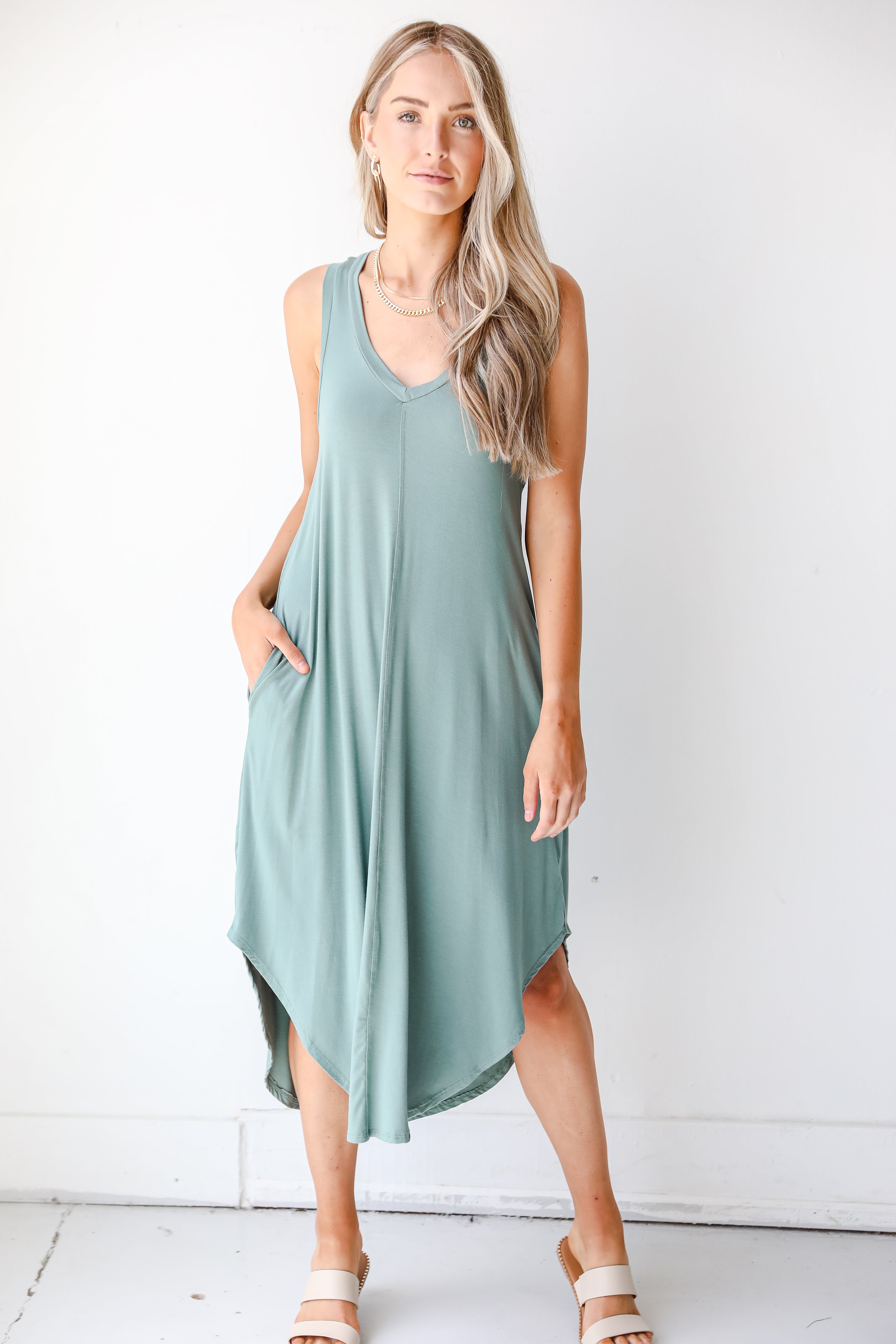 Midi Dress in sage on model